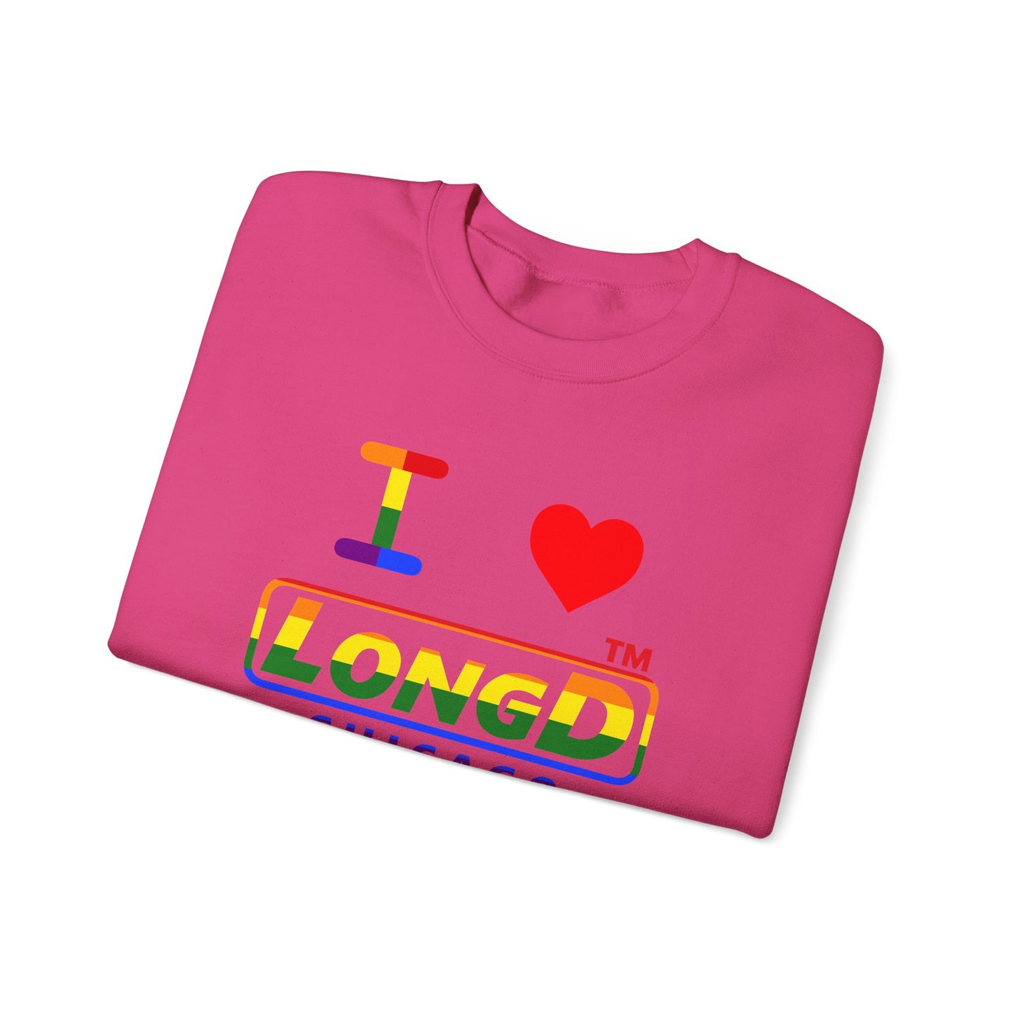 I Luv LongD positive horizontal striped front-back Chicago logo crewneck sweatshirt (Pride colors)