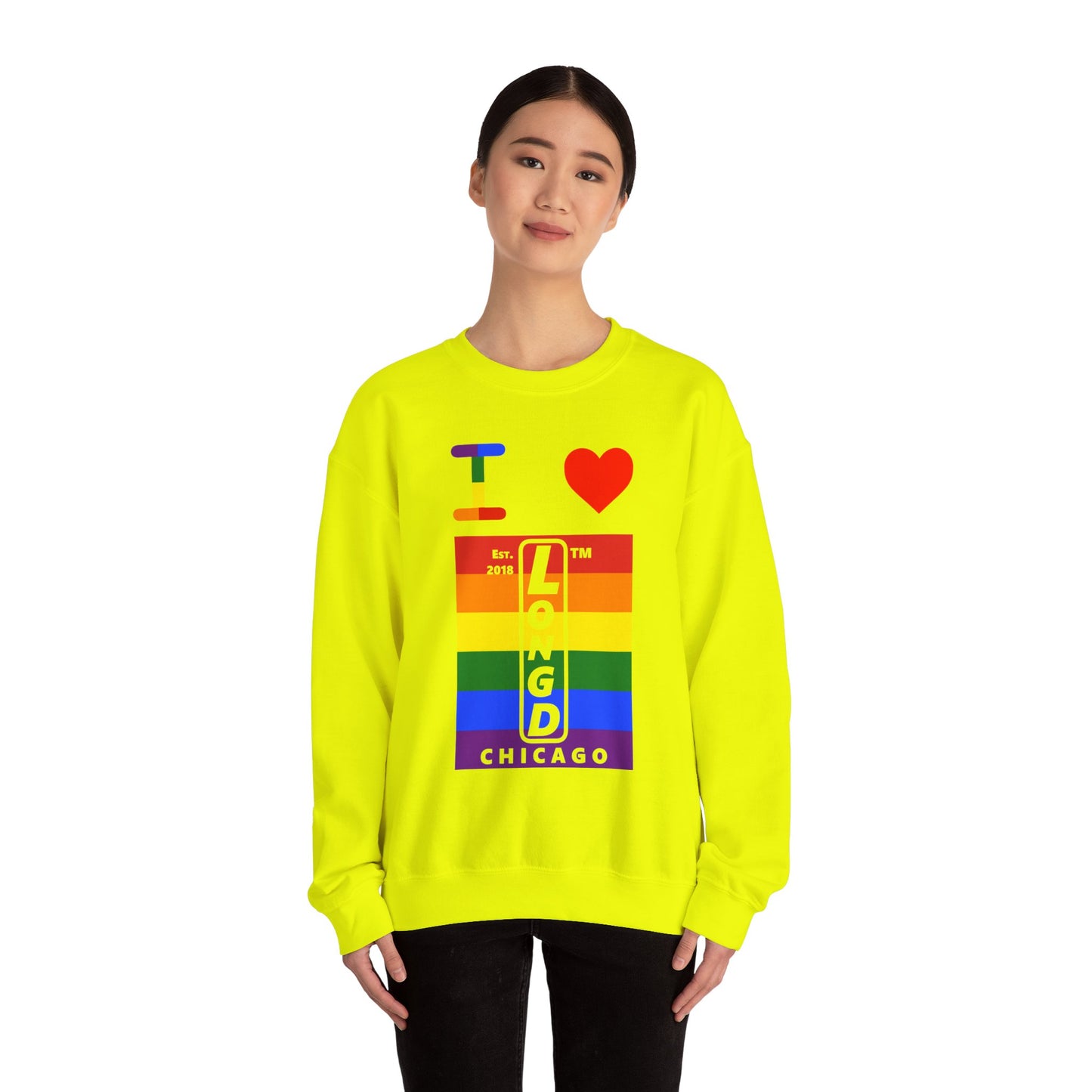 I Luv LongD negative horizontal 6-striped Chicago upright logo crewneck sweatshirt
