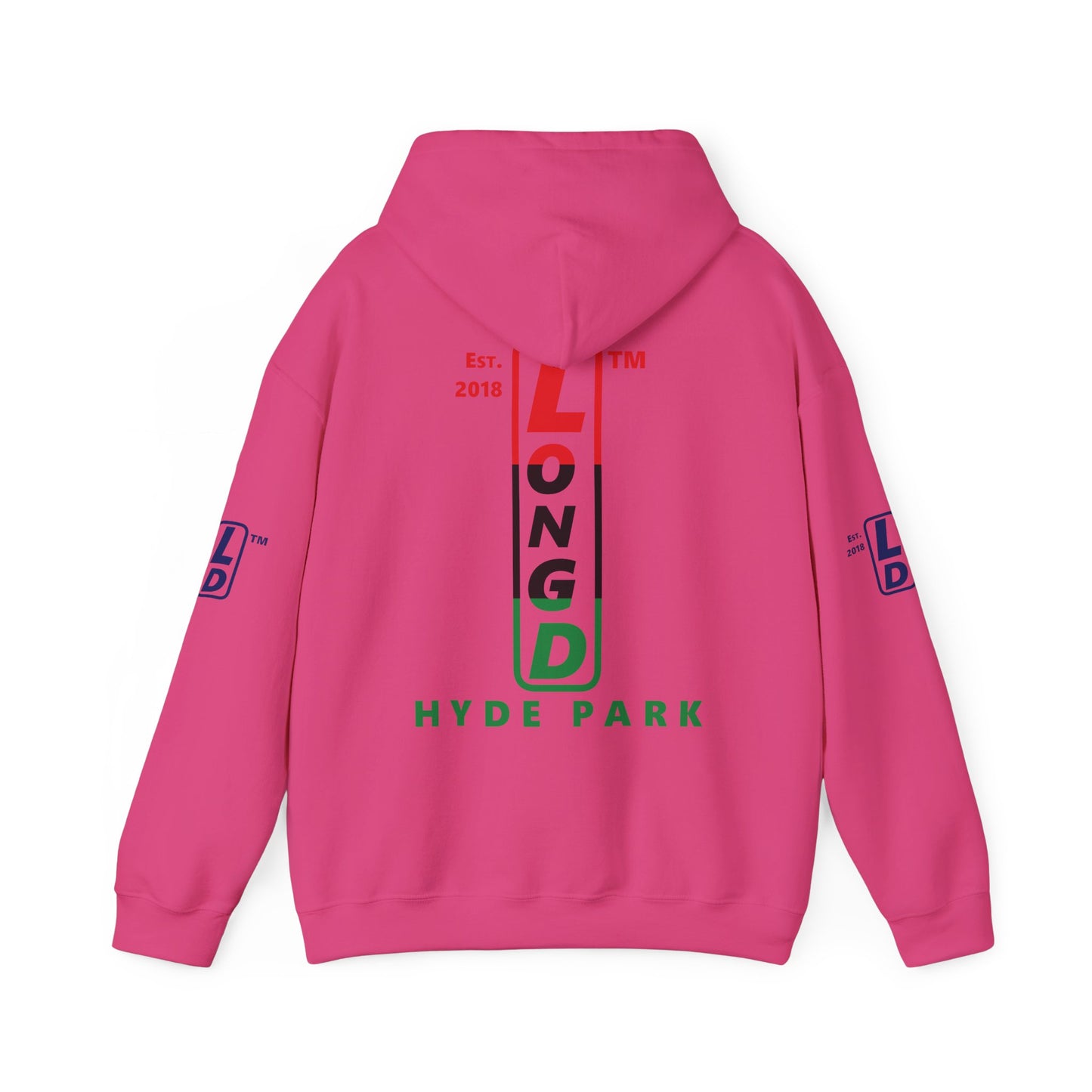 LongD® positive horizontal 3-striped Hyde Park 4-print upright logo hoodie (Juneteenth colors)