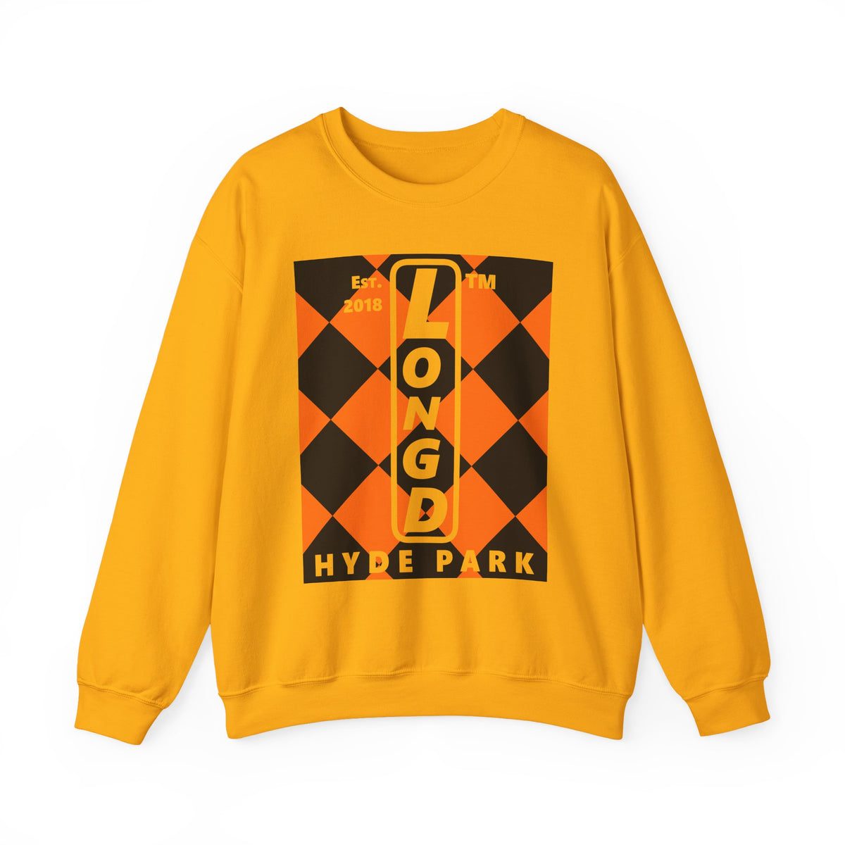 LongD Hyde Park negative upright argyle logo (Halloween colors) crewneck sweatshirt