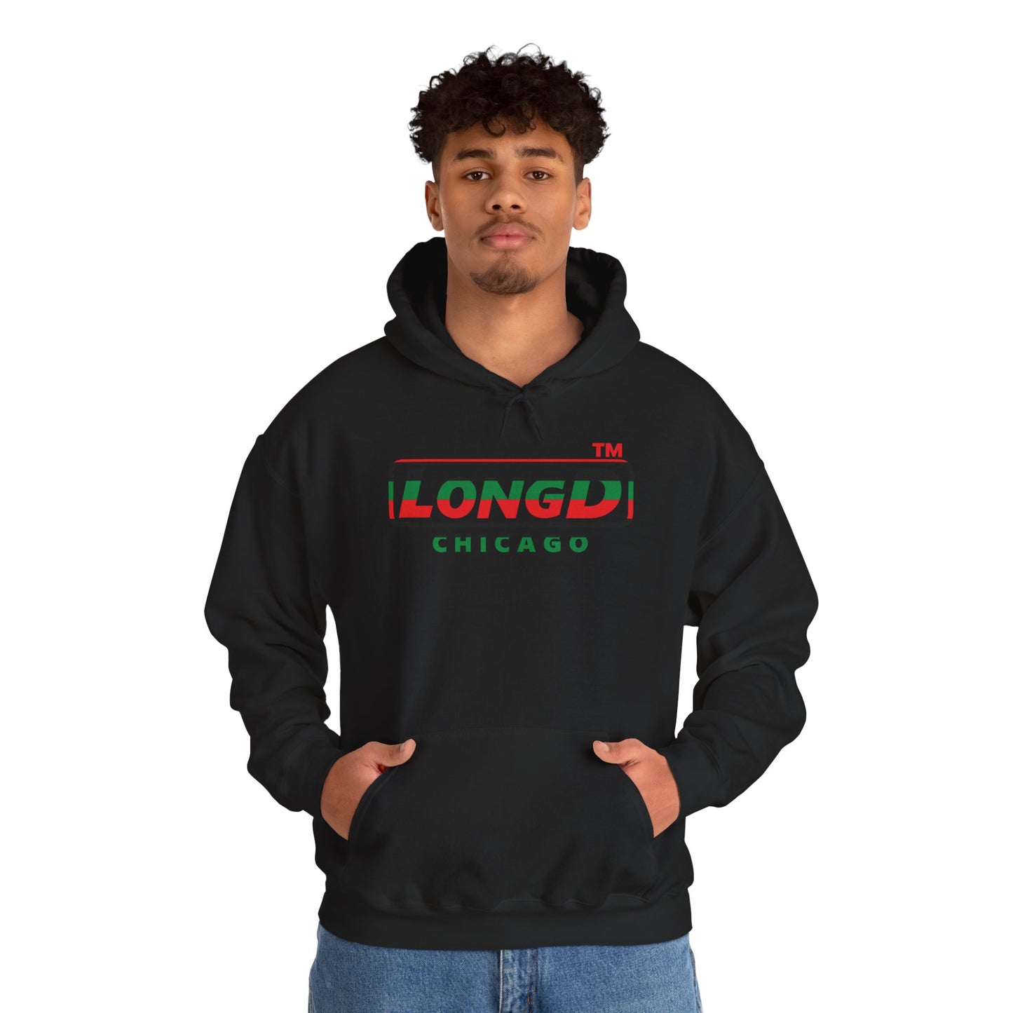 LongD® positive horizontal 6-striped Chicago logo Hoodie (Juneteenth colors)