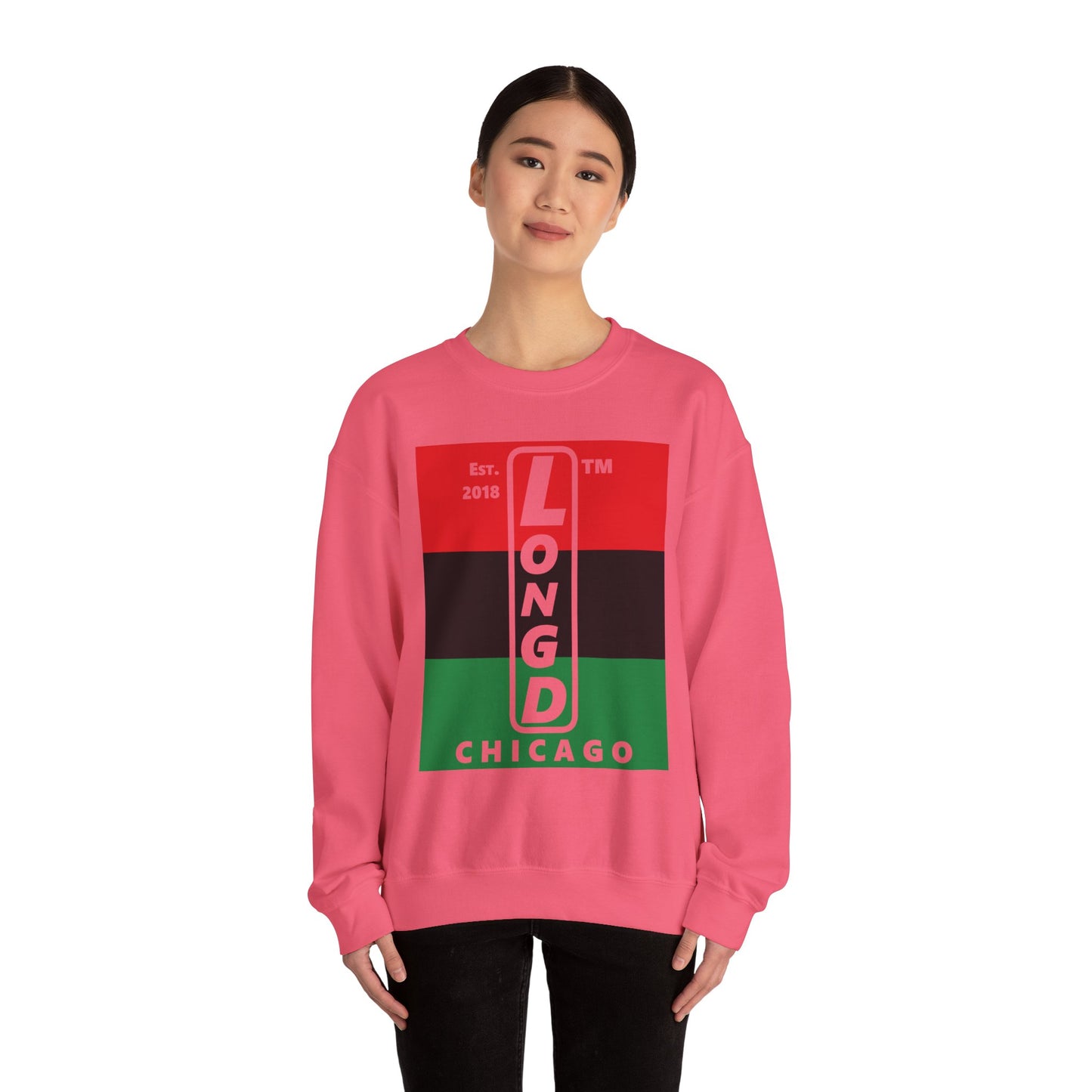 LongD negative horizontal 3-striped Chicago upright logo crewneck sweatshirt (Juneteenth colors)