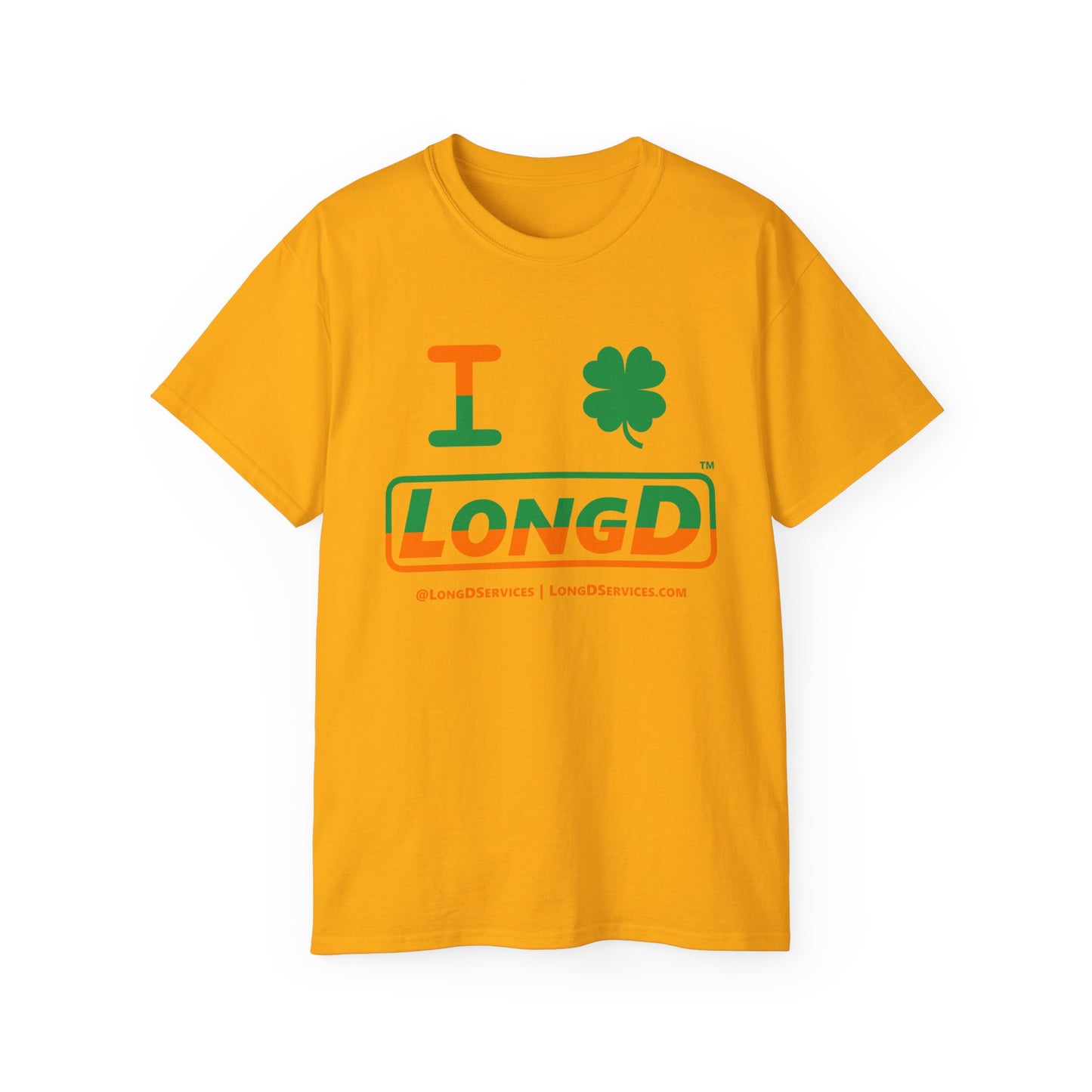 I Clover LongD® Logo Cotton Tee (St. Patrick's Day -Irish Green and Irish Orange top-bottom split with 4-leaf clover)