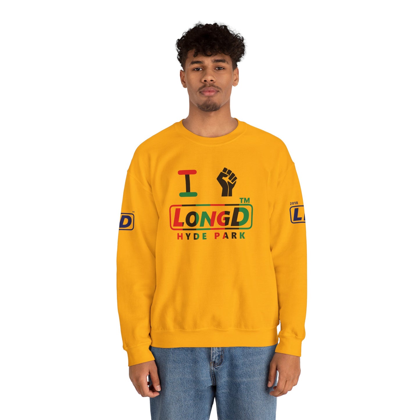I fist LongD positive vertical 6-striped 4-print Hyde Park logo crewneck sweatshirt