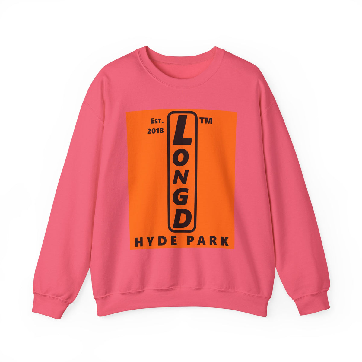 LongD Hyde Park upright logo Black (000000) on orange (FE7518) (Halloween colors) crewneck sweatshirt