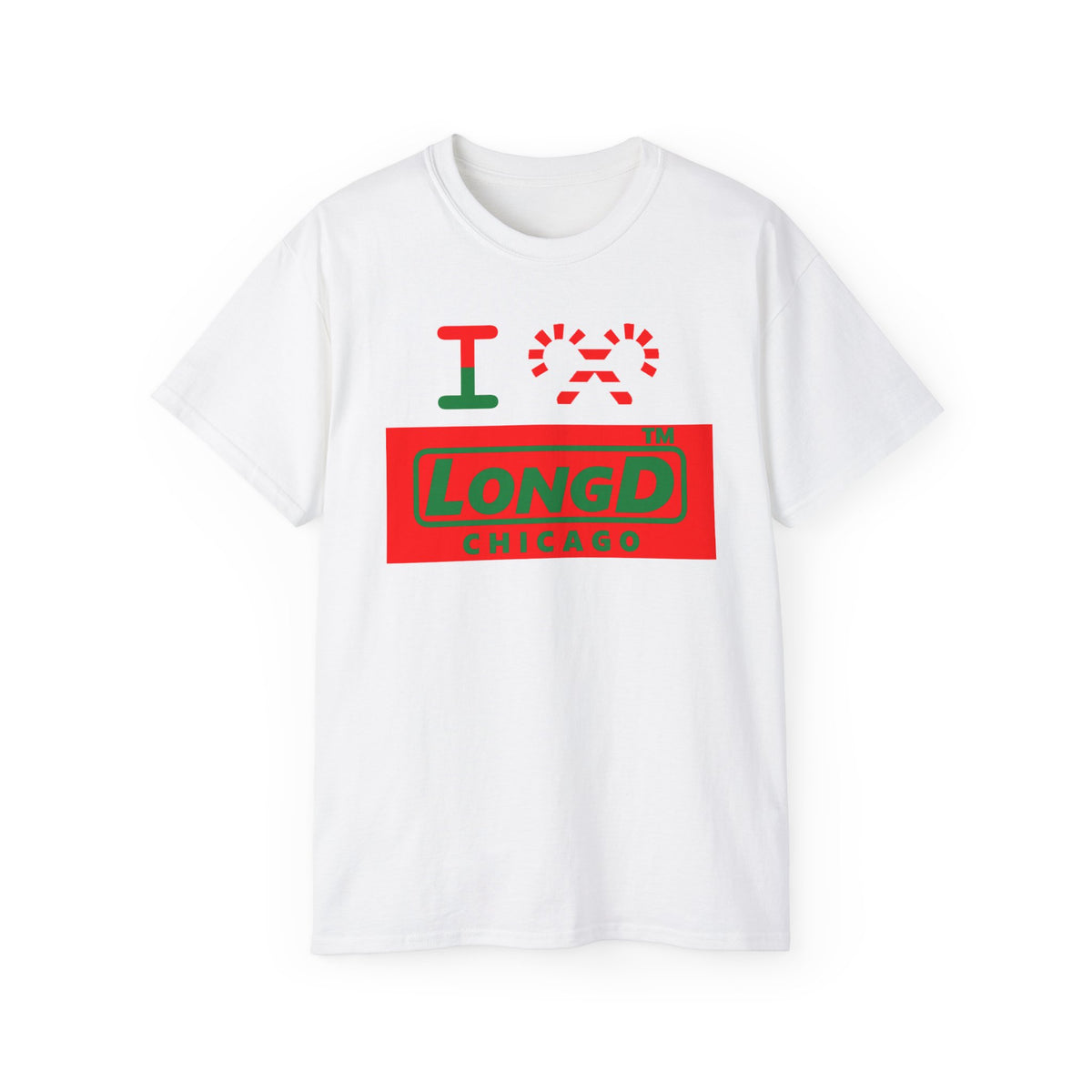 I candy cane LongD Chicago logo positive green on negative red cotton tee