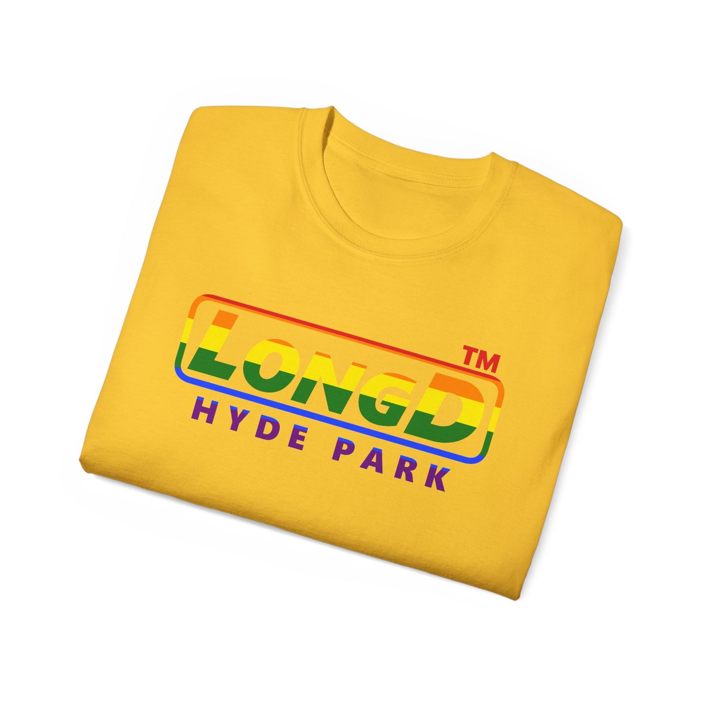 LongD positive vertical striped front-back Hyde Park logo cotton tee (Pride colors)