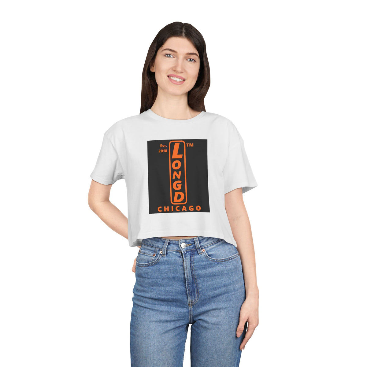 LongD Chicago upright front-back logo orange (FE7518) on Black (000000) crop tee