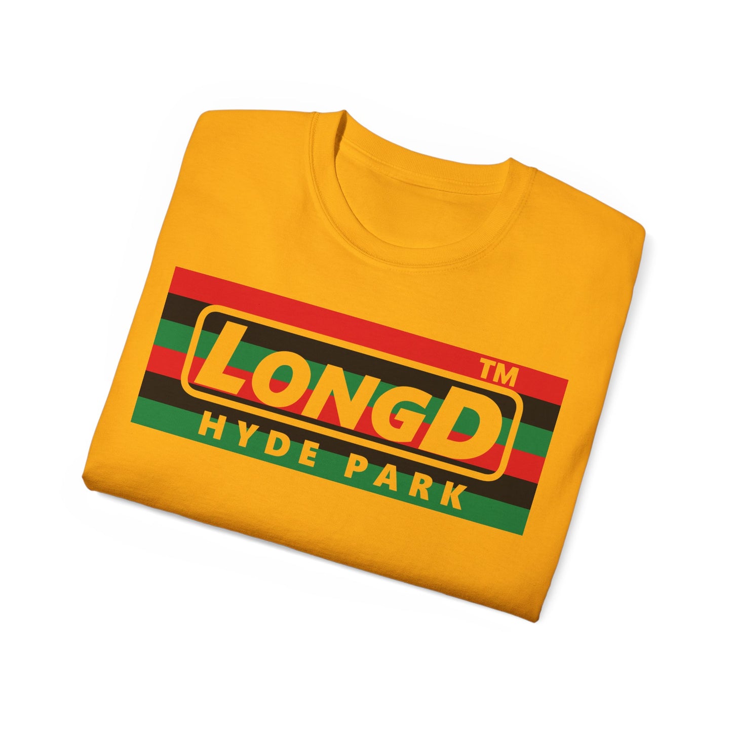 LongD negative horizontal 6-striped Hyde Park logo cotton tee (Juneteenth colors)