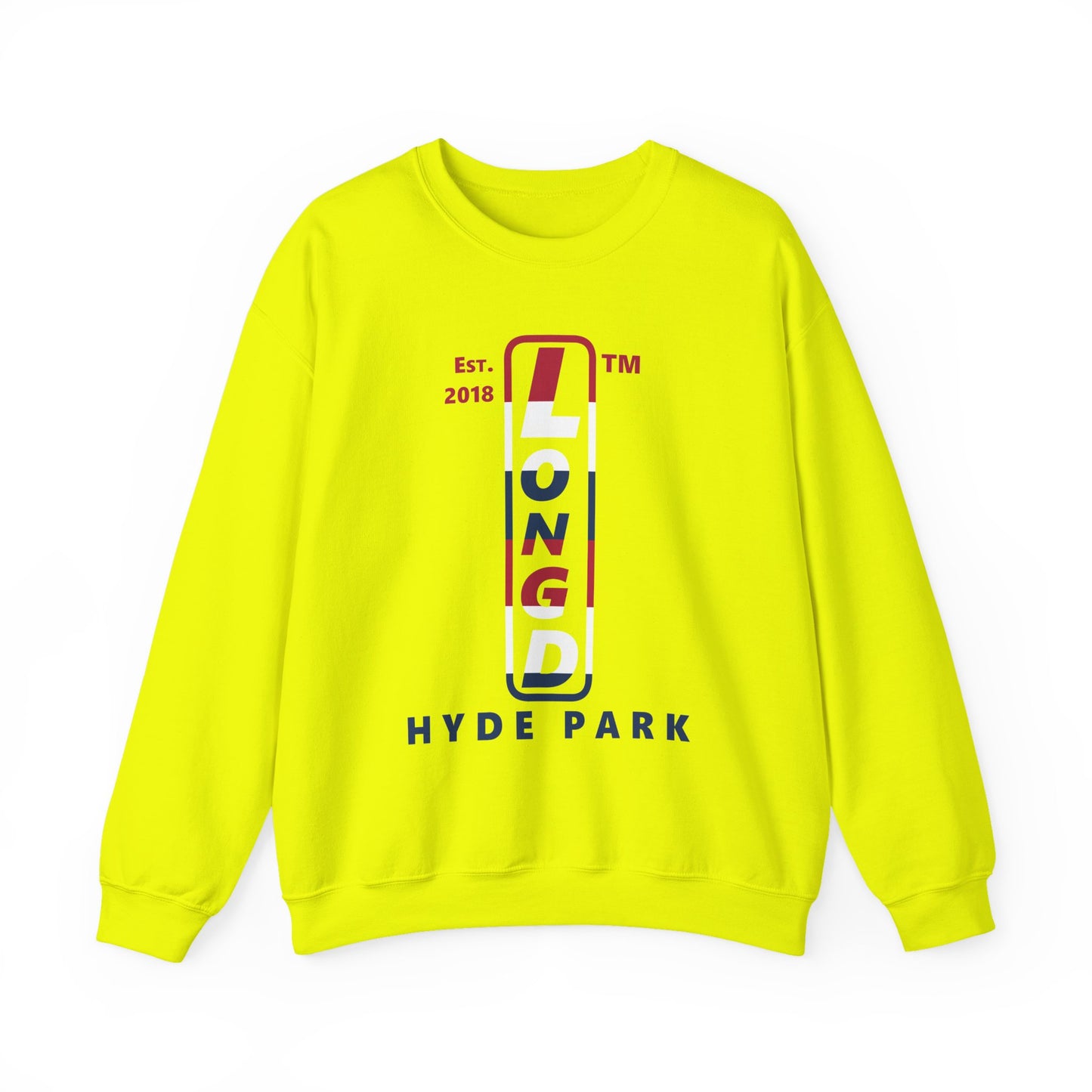 LongD positive horizontal 6-striped Hyde Park upright logo crewneck sweatshirt (patriotic colors)