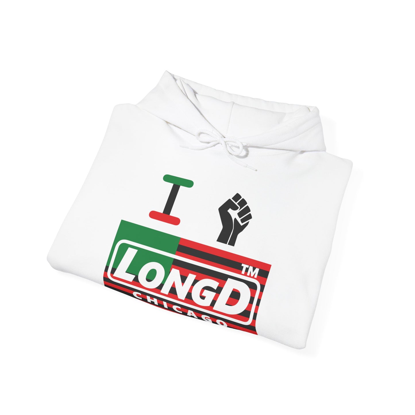 I fist LongD® negative flag Chicago logo Hoodie (Juneteenth colors)