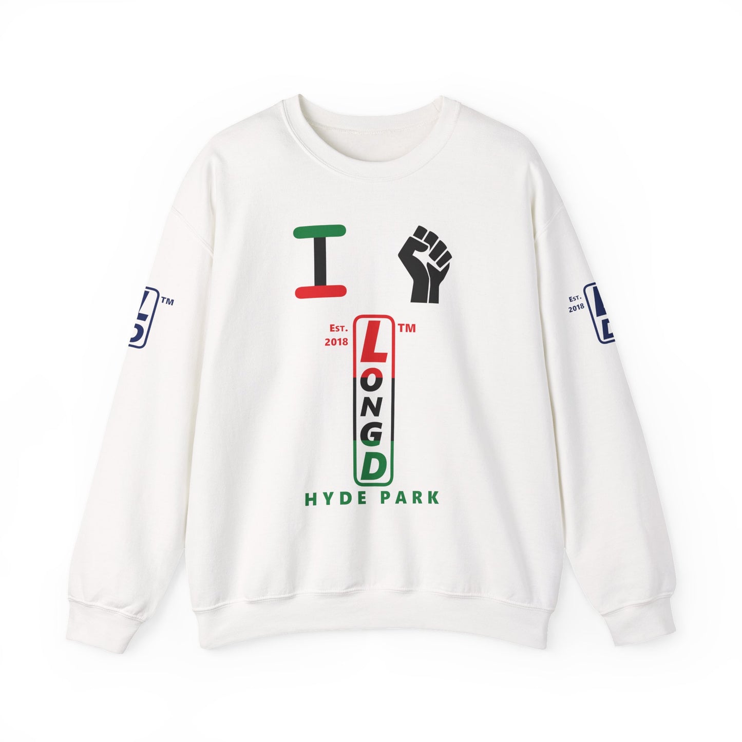 I Fist LongD positive horizontal 6-striped Hyde Park upright 4-print logo crewneck sweatshirt