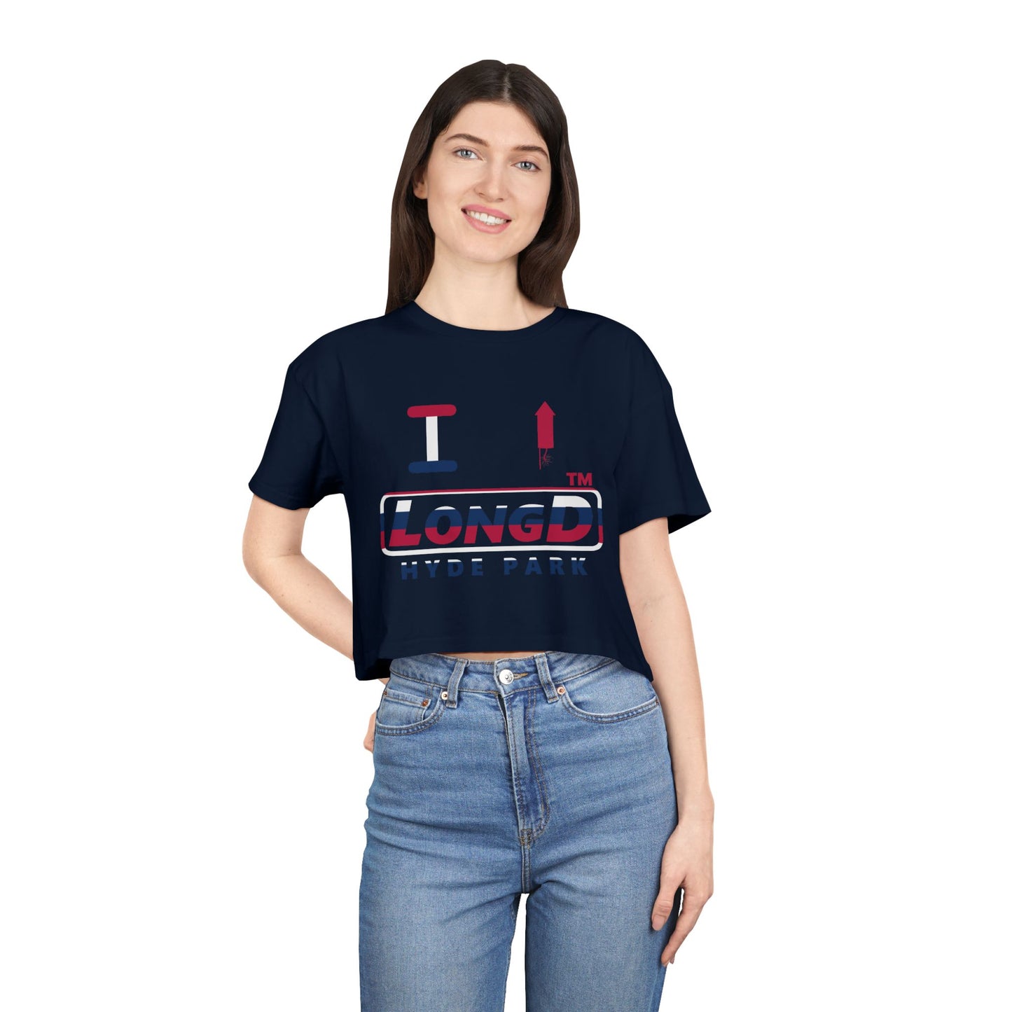 I firecracker LongD positive horizontal 6-striped Hyde Park Logo Crop Tee (Patriotic colors)