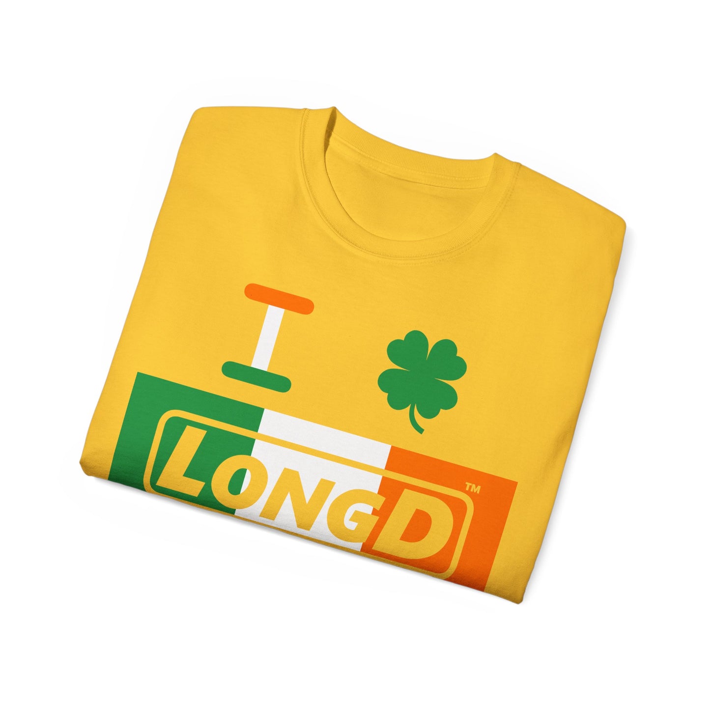 I Clover LongD® Logo Cotton Tee (St. Patrick's Day -Irish Green, White and Irish Orange negative thirds with 4-leaf clover)