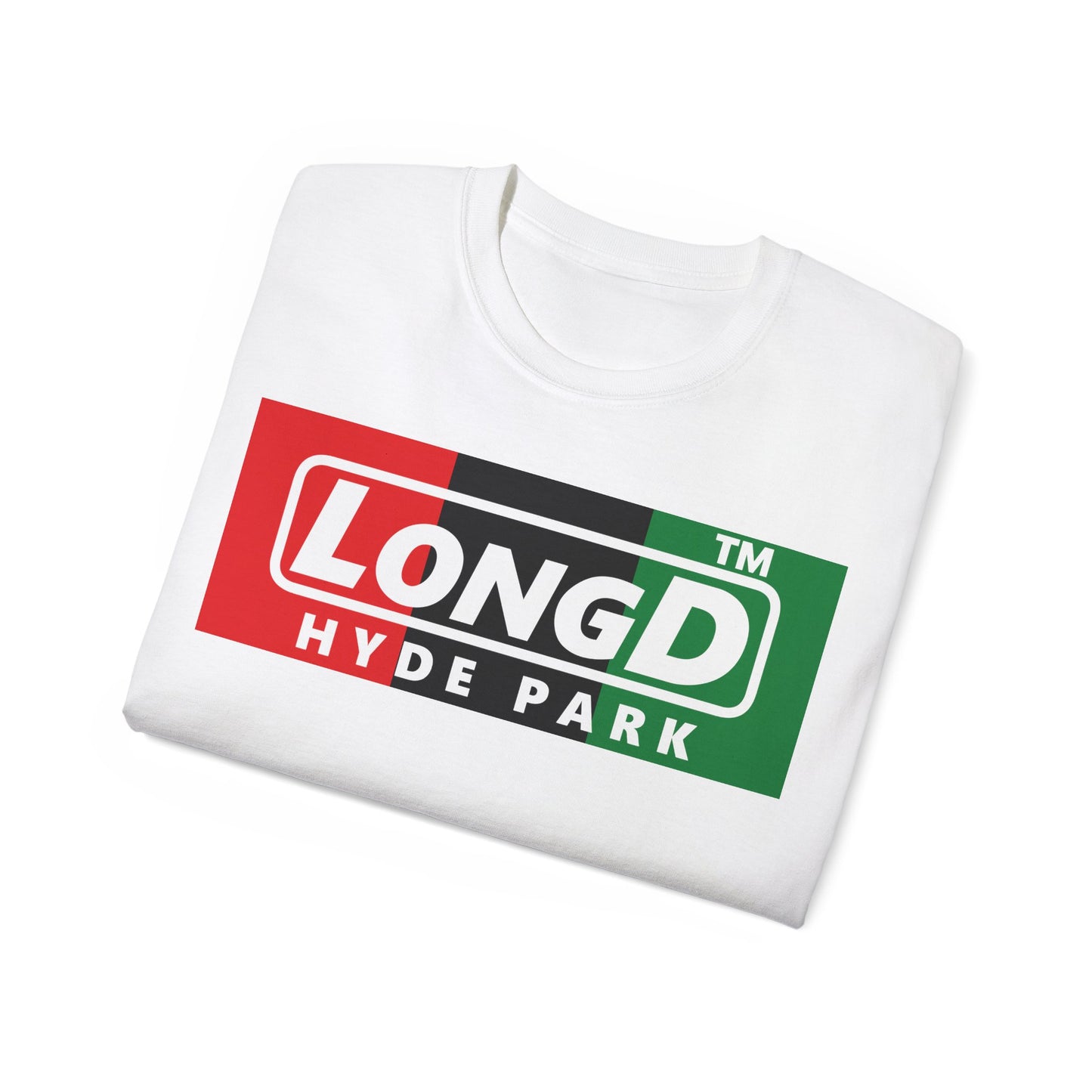 LongD negative vertical 3-striped Hyde Park logo cotton tee (Juneteenth colors)