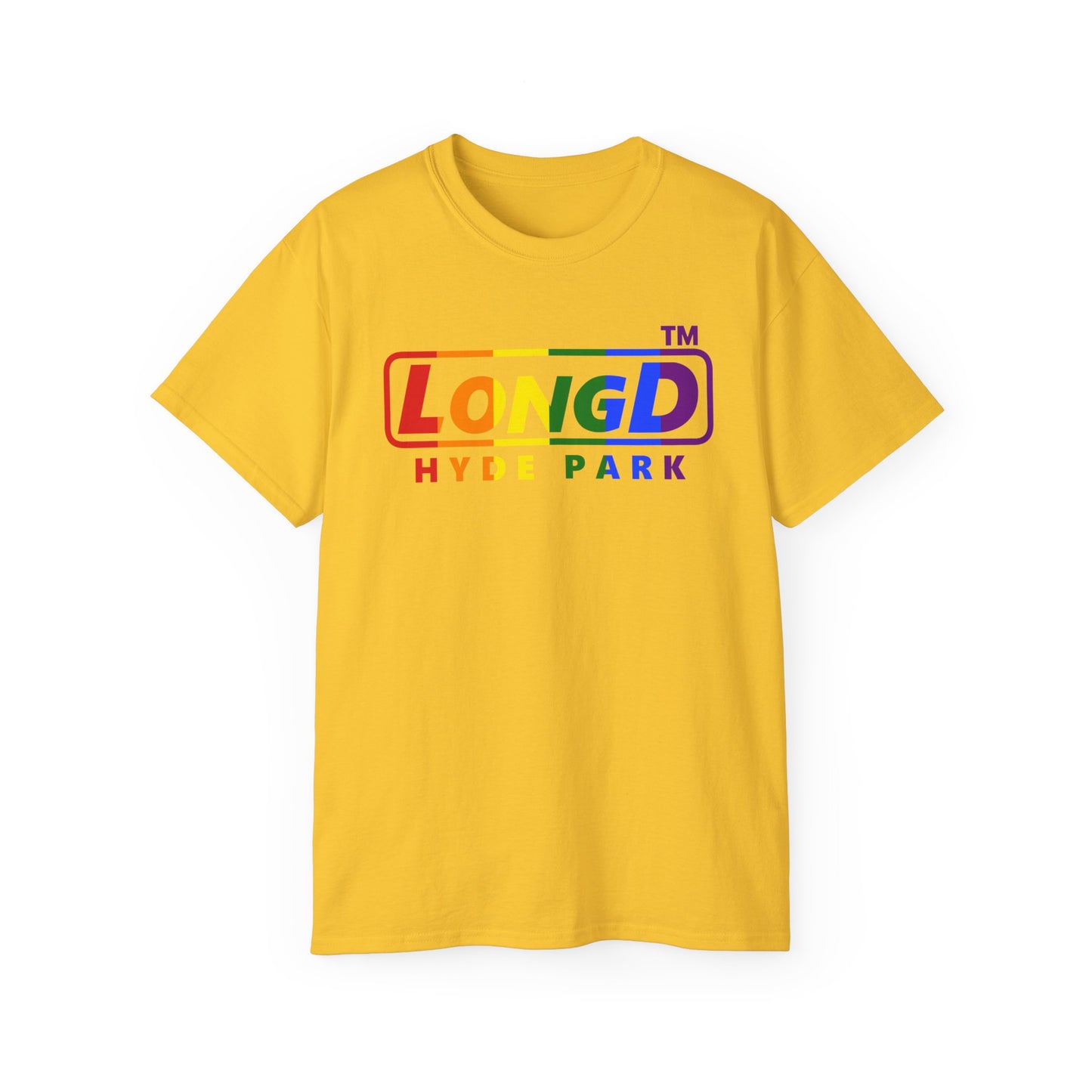 LongD positive vertical striped Hyde Park logo cotton tee (Pride colors)