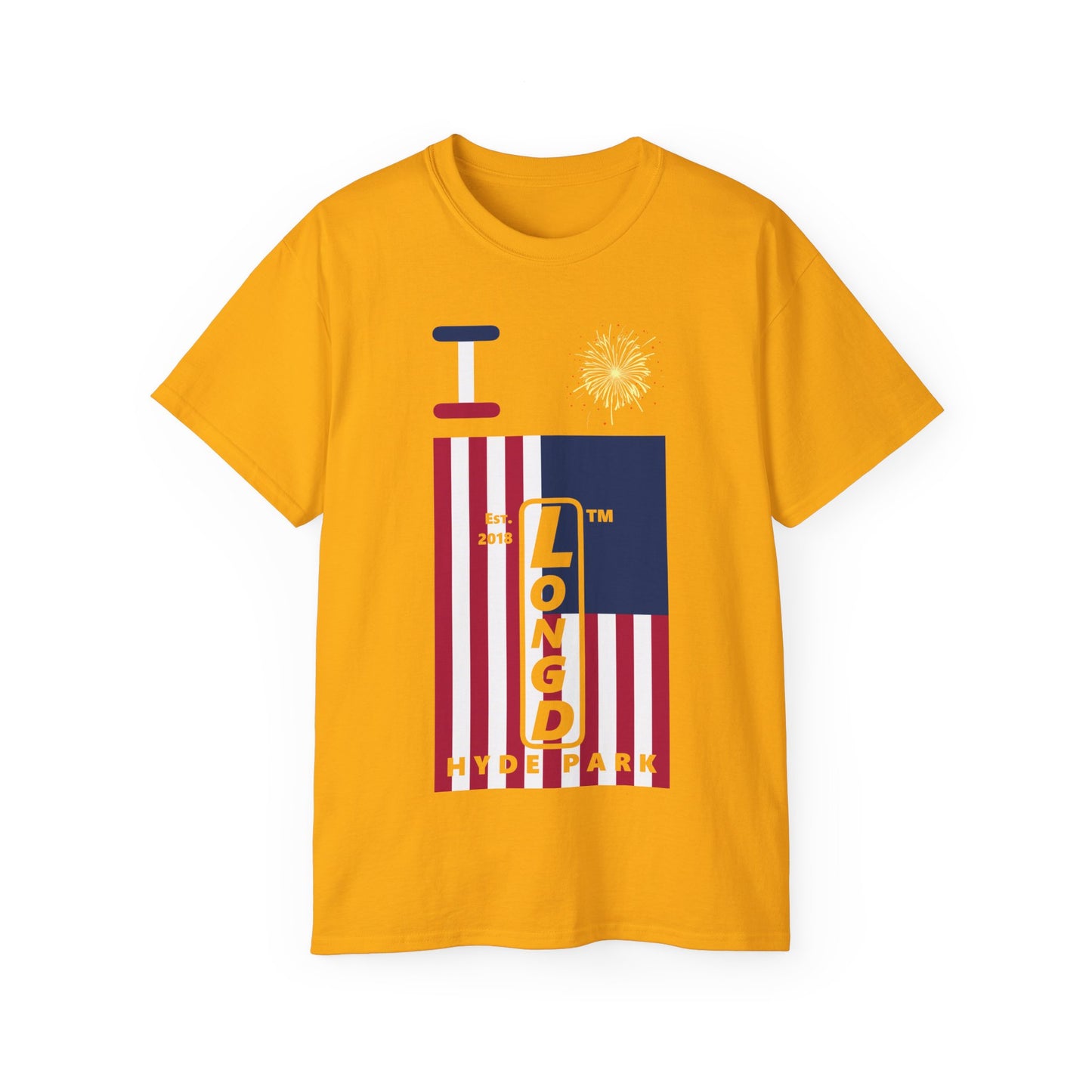 I Burst LongD cotton tee negative cropped flag Hyde Park upright logo (Patriotic colors)