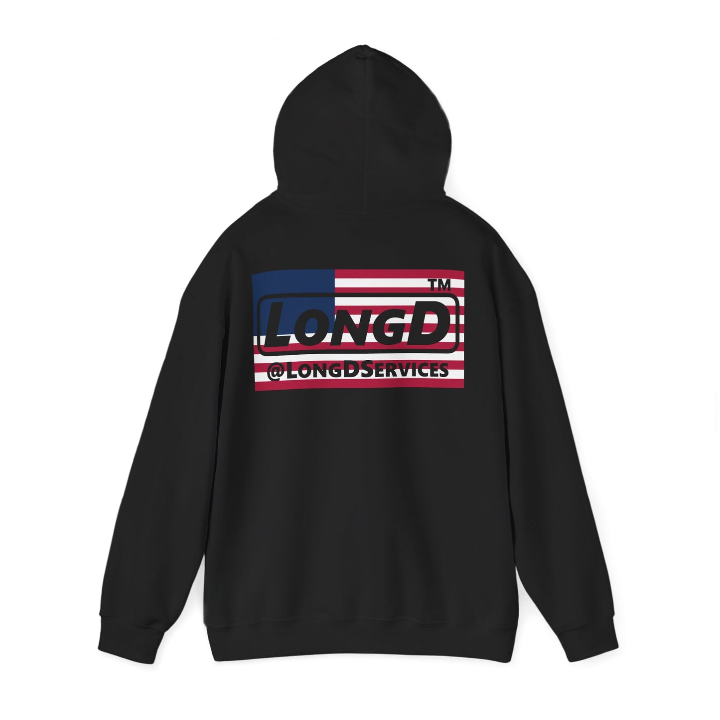 I firecracker LongD® negative flag front-back single breasted Hyde Park logo hoodie