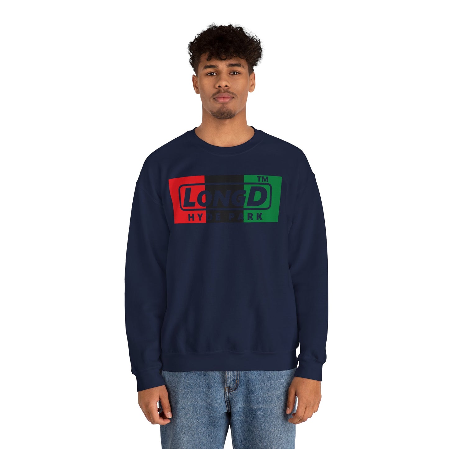 LongD negative vertical 3-striped Hyde Park logo crewneck sweatshirt (Juneteenth colors)