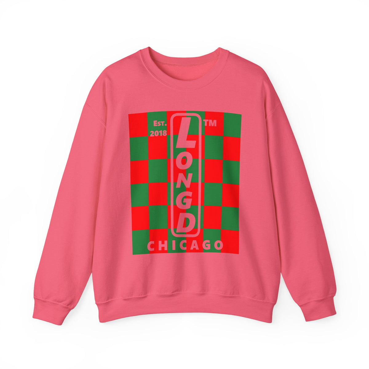 LongD Chicago negative upright checkered front-back logo (Xmas colors) crewneck sweatshirt