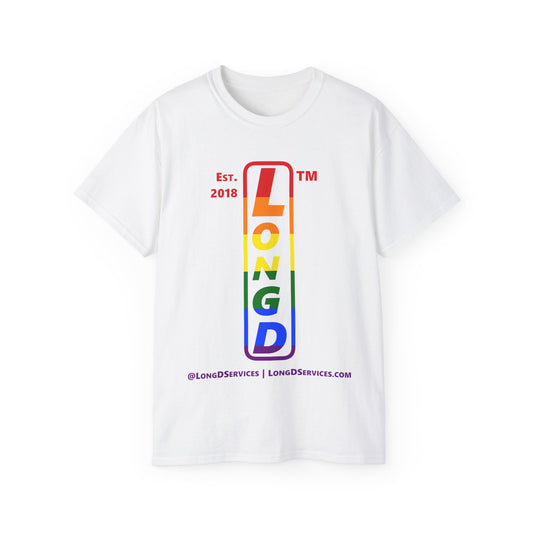 LongD Cotton Tee positive horizontal striped tag-domain upright logo (Pride colors)