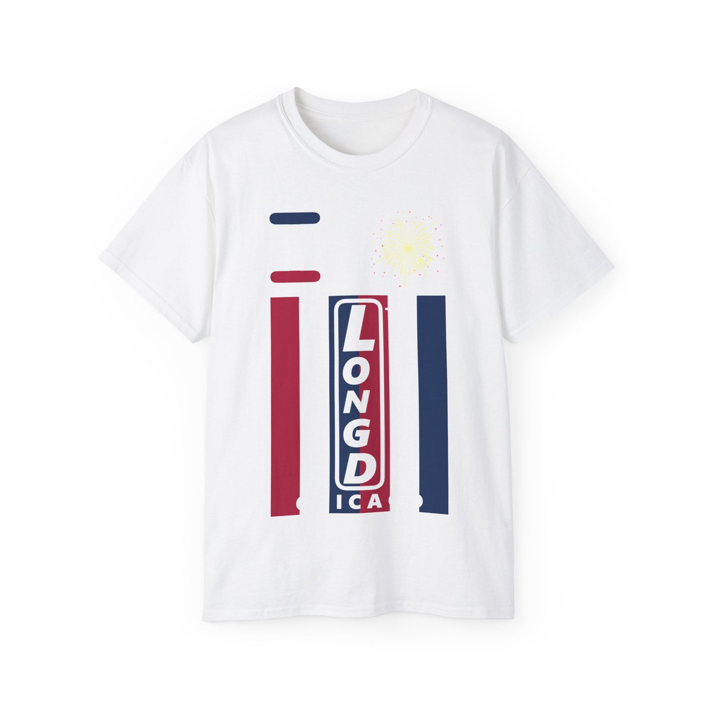 I Burst LongD cotton tee negative vertical 6-striped Chicago upright logo (Patriotic colors)