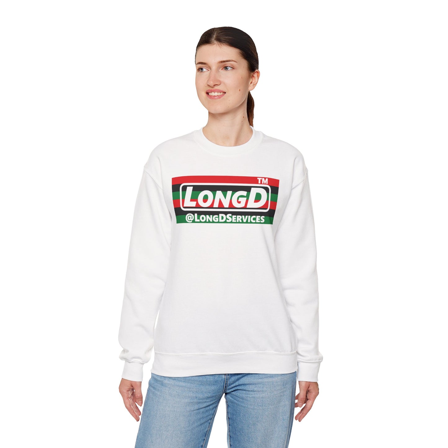 LongD negative horizontal 6-striped Chicago logo crewneck sweatshirt (Juneteenth colors)