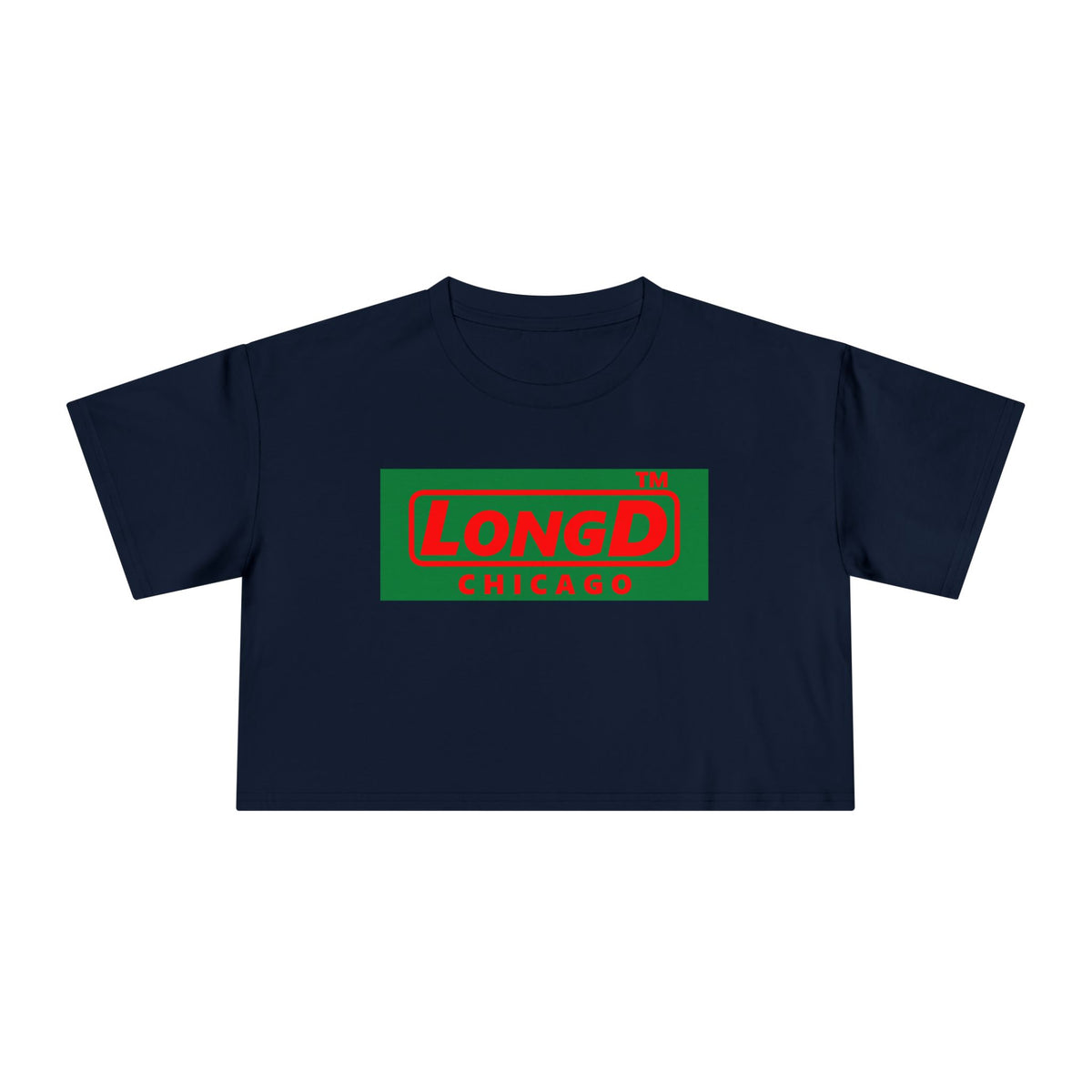 LongD Chicago logo positive red on negative green (Xmas colors) crop tee