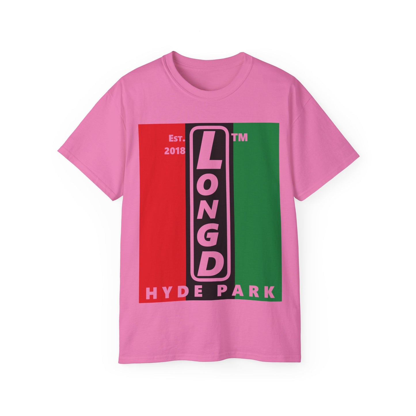 LongD Cotton Tee negative vertical striped Hyde Park upright logo (Juneteenth colors)