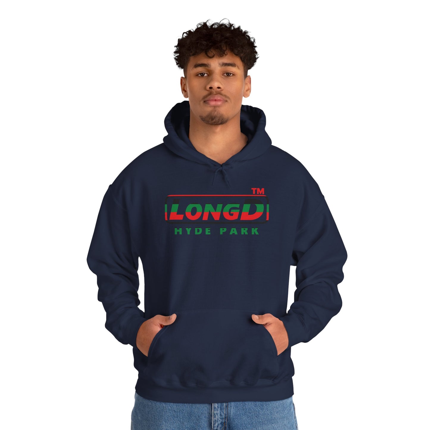 LongD® positive horizontal 6-striped Hyde Park logo Hoodie (Juneteenth colors)