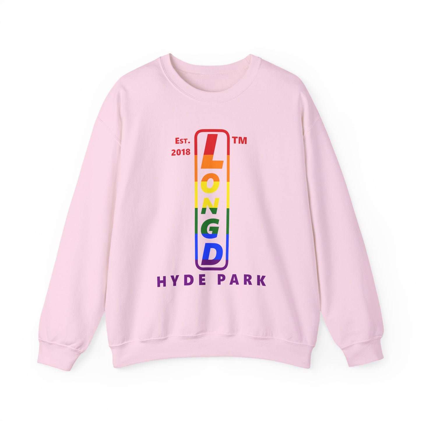 LongD positive horizontal 6-striped Hyde Park upright logo crewneck sweatshirt (Pride colors)
