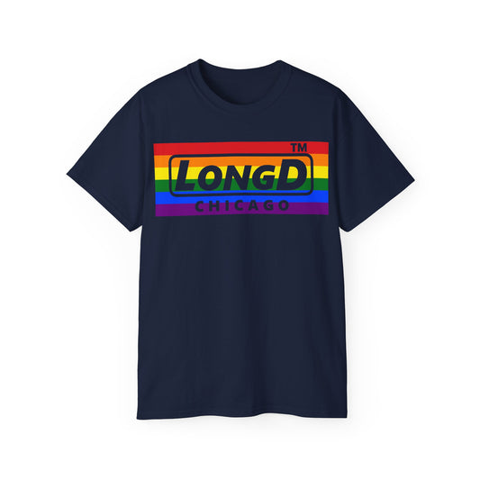 LongD negative horizontal striped Chicago logo cotton tee (Pride colors)