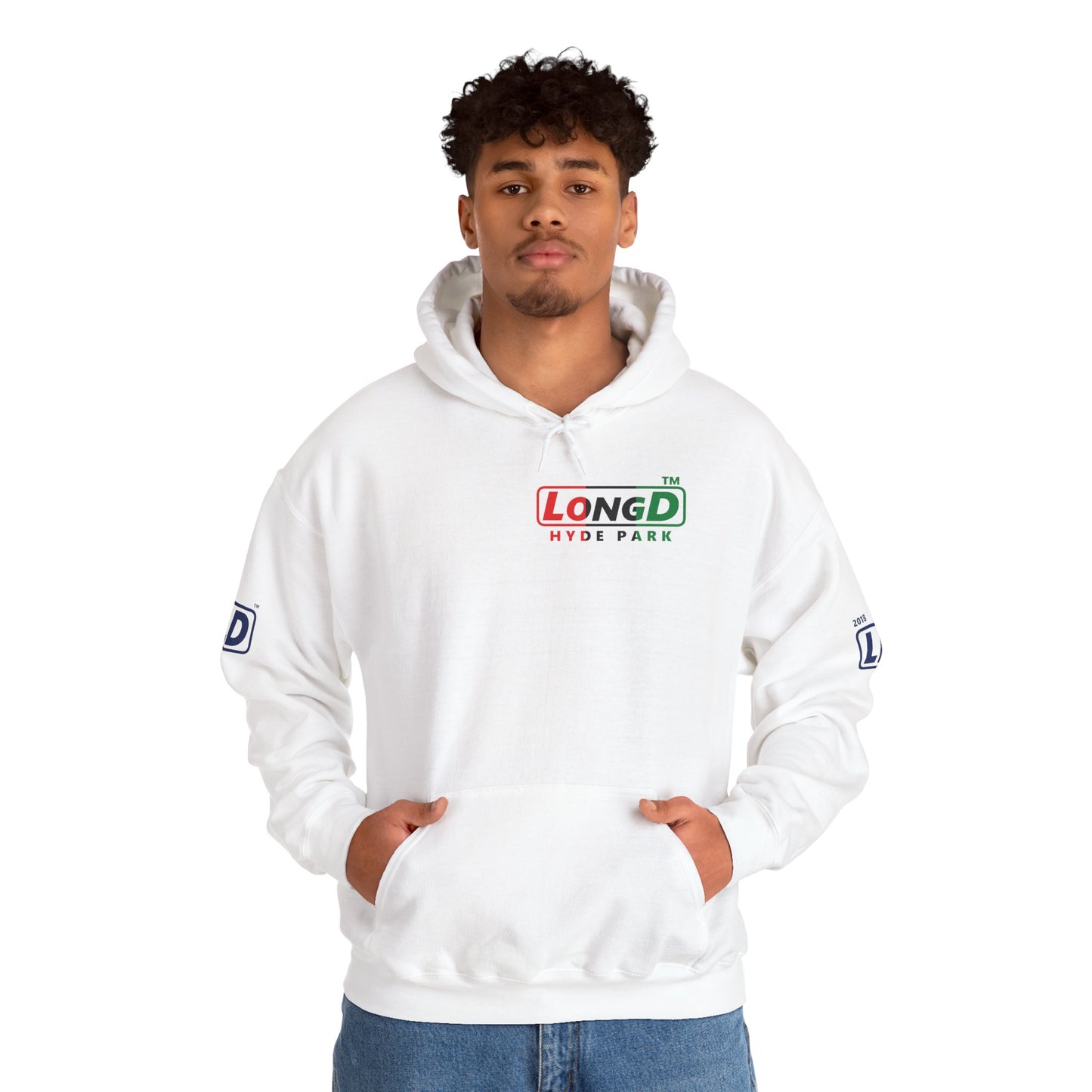 LongD® positive vertical 3-striped 4-print single-breasted Hyde Park logo Hoodie (Juneteenth colors)