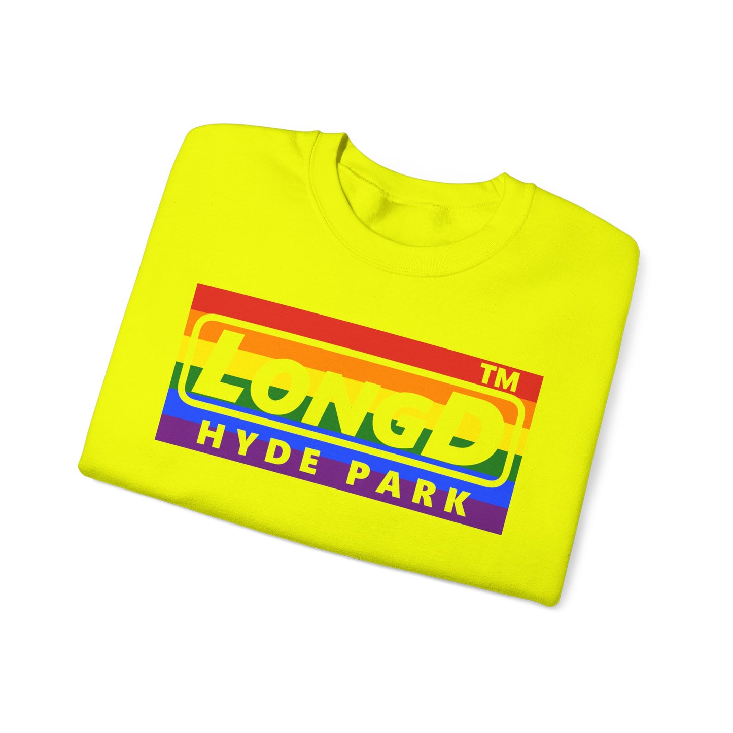LongD negative horizontal striped Hyde Park logo crewneck sweatshirt (Pride colors)