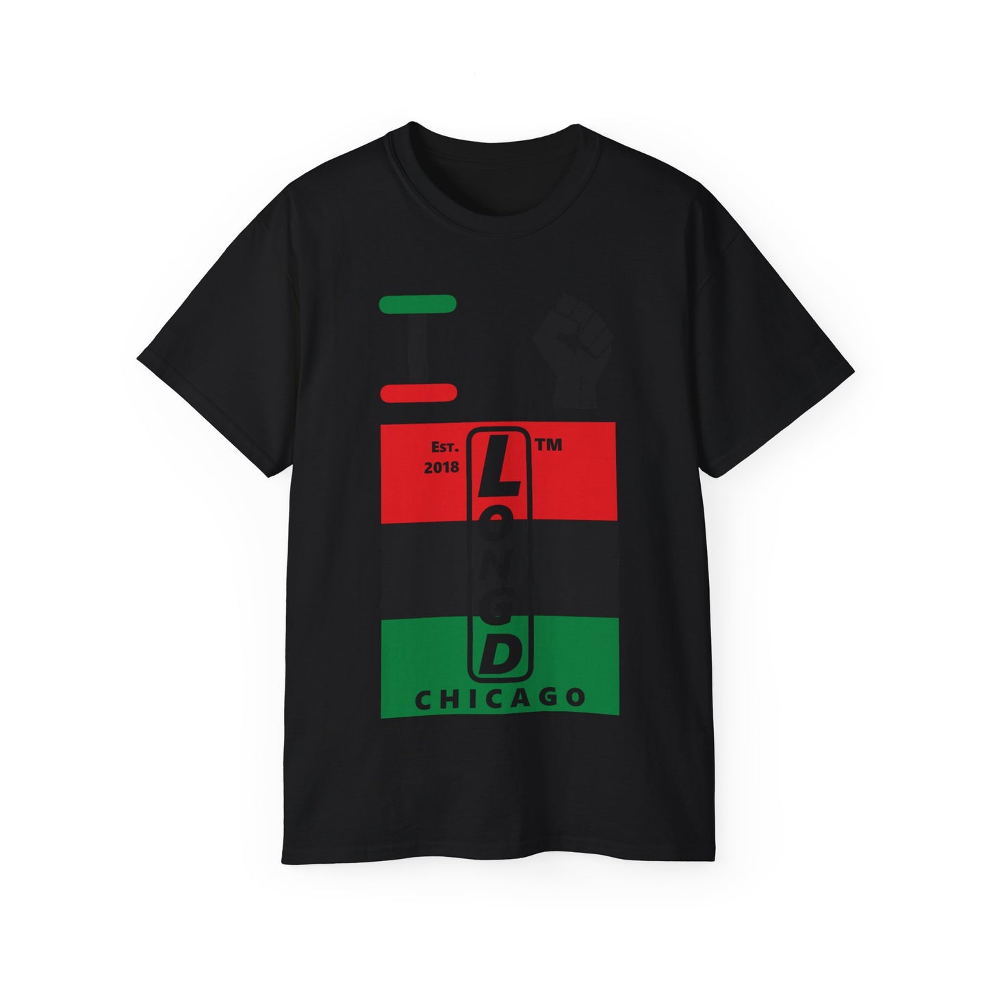 I fist LongD Cotton Tee negative horizontal striped Chicago upright logo (Juneteenth colors)