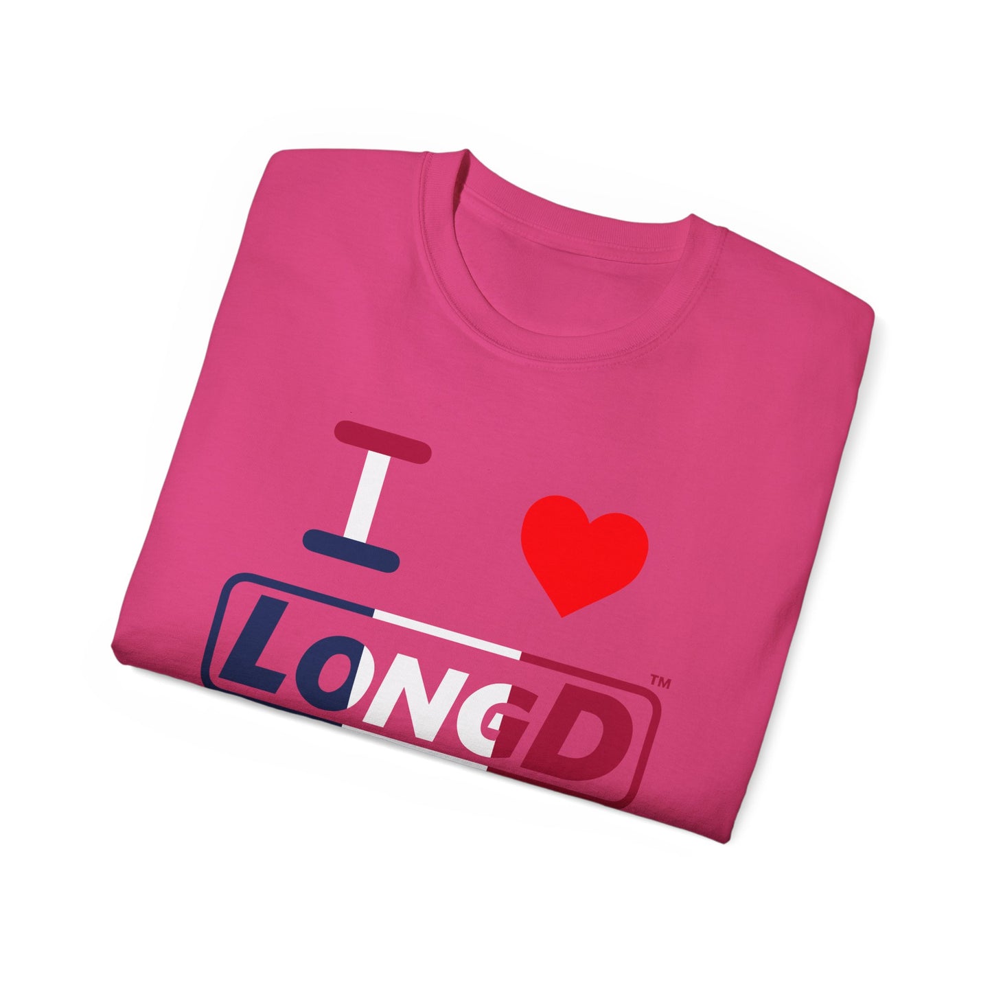 I Luv LongD® Logo Cotton Tee Blue, White and Red positive thirds text
