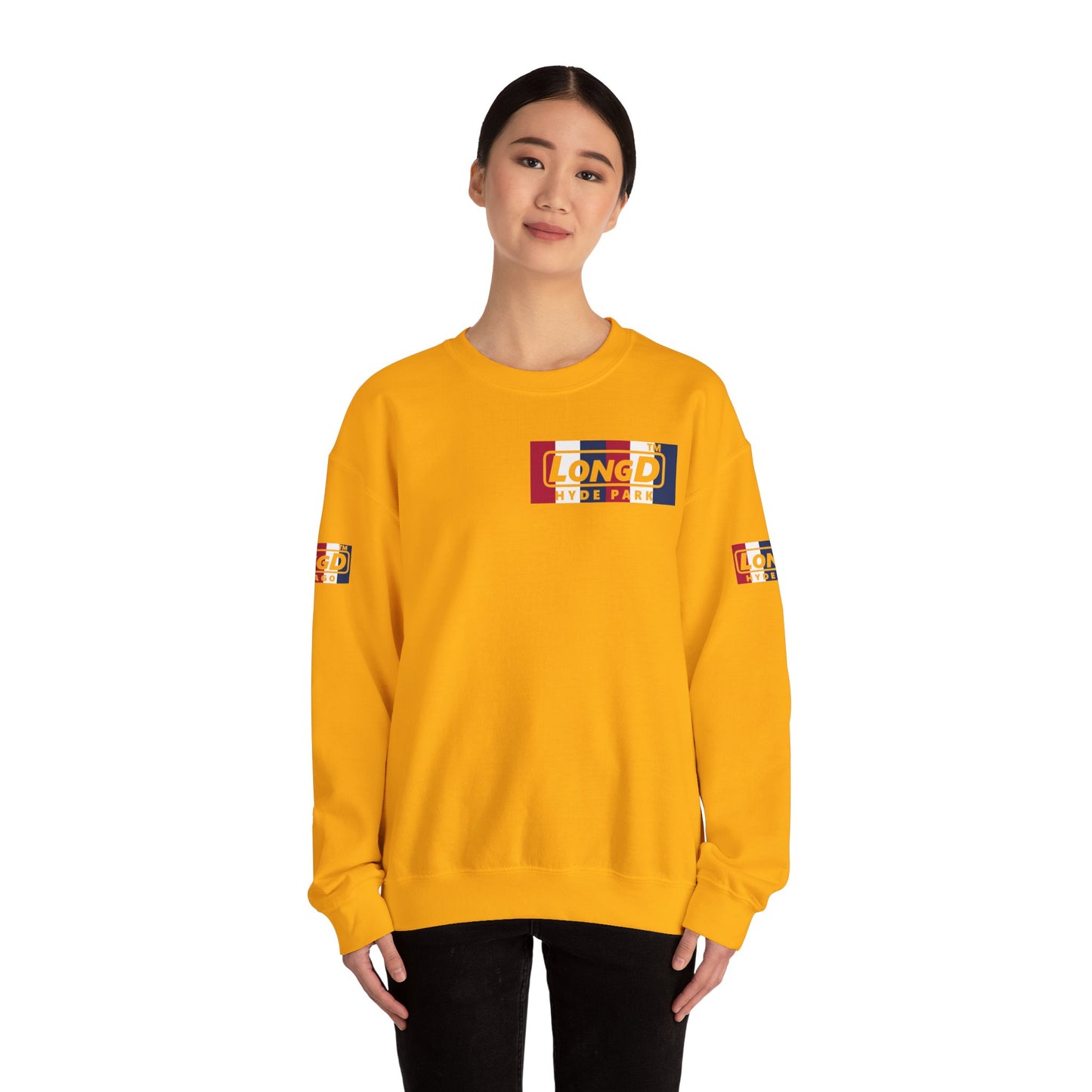 LongD negative vertical 6-striped 4-print single-breasted Hyde Park logo crewneck sweatshirt (patriotic colors)