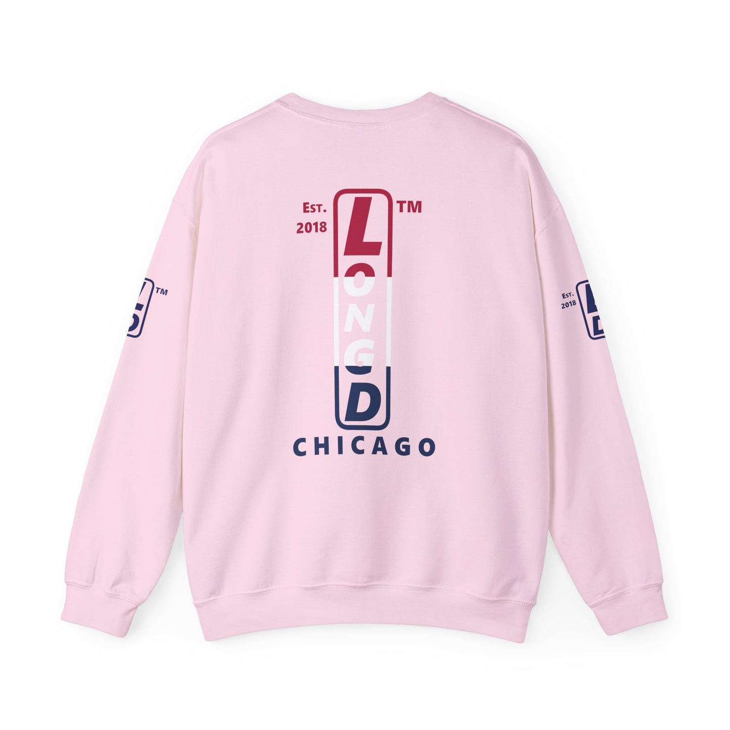 LongD positive horizontal 3-striped Chicago upright 4-print single-breasted logo crewneck sweatshirt (patriotic colors)
