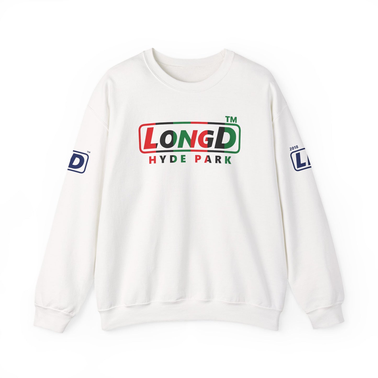 LongD positive vertical 6-striped 4-print Hyde Park logo crewneck sweatshirt (Juneteenth colors)