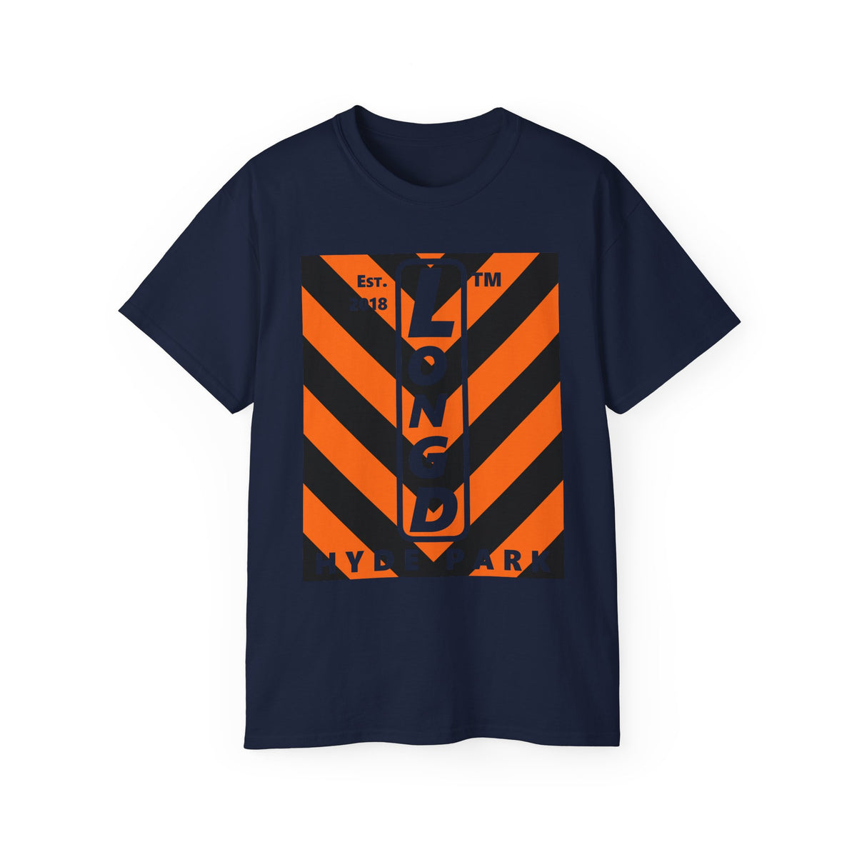 LongD Hyde Park negative upright downward chevron logo (Halloween colors) cotton tee
