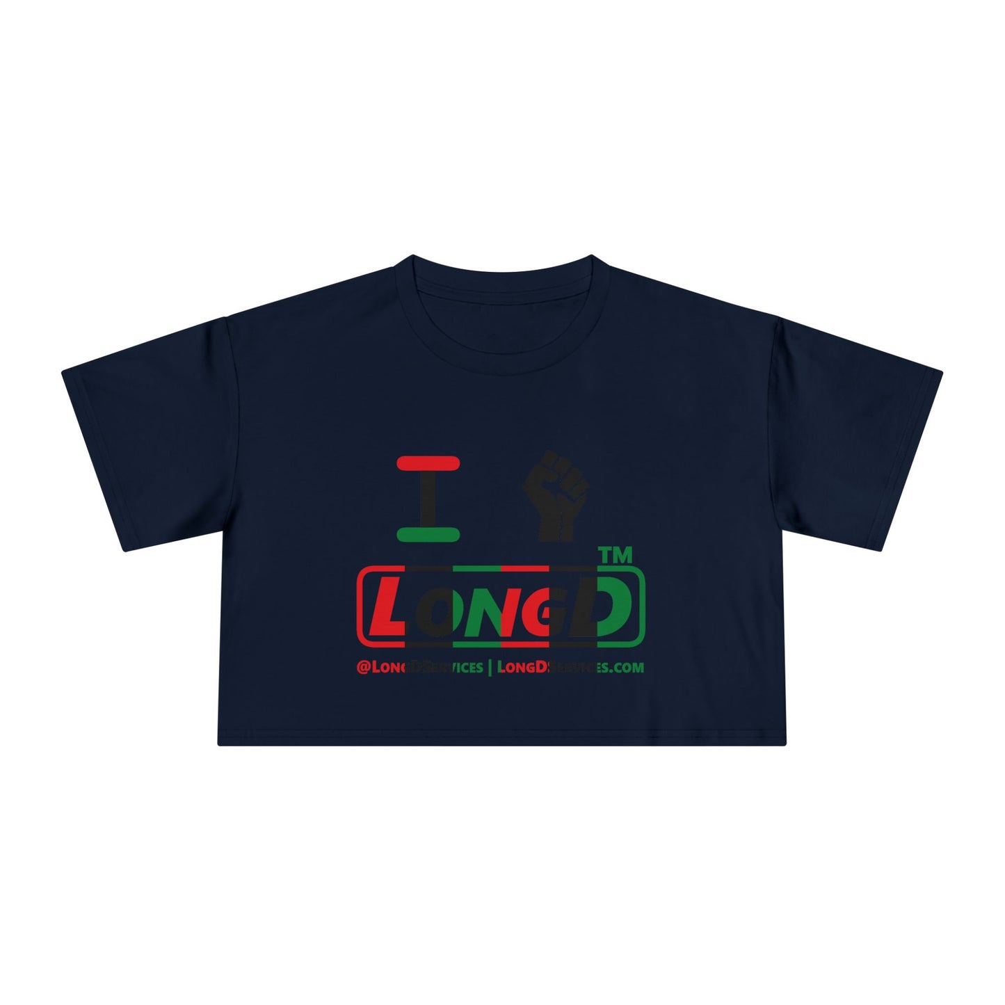I fist LongD positive vertical 6-striped tag-domain logo crop tee
