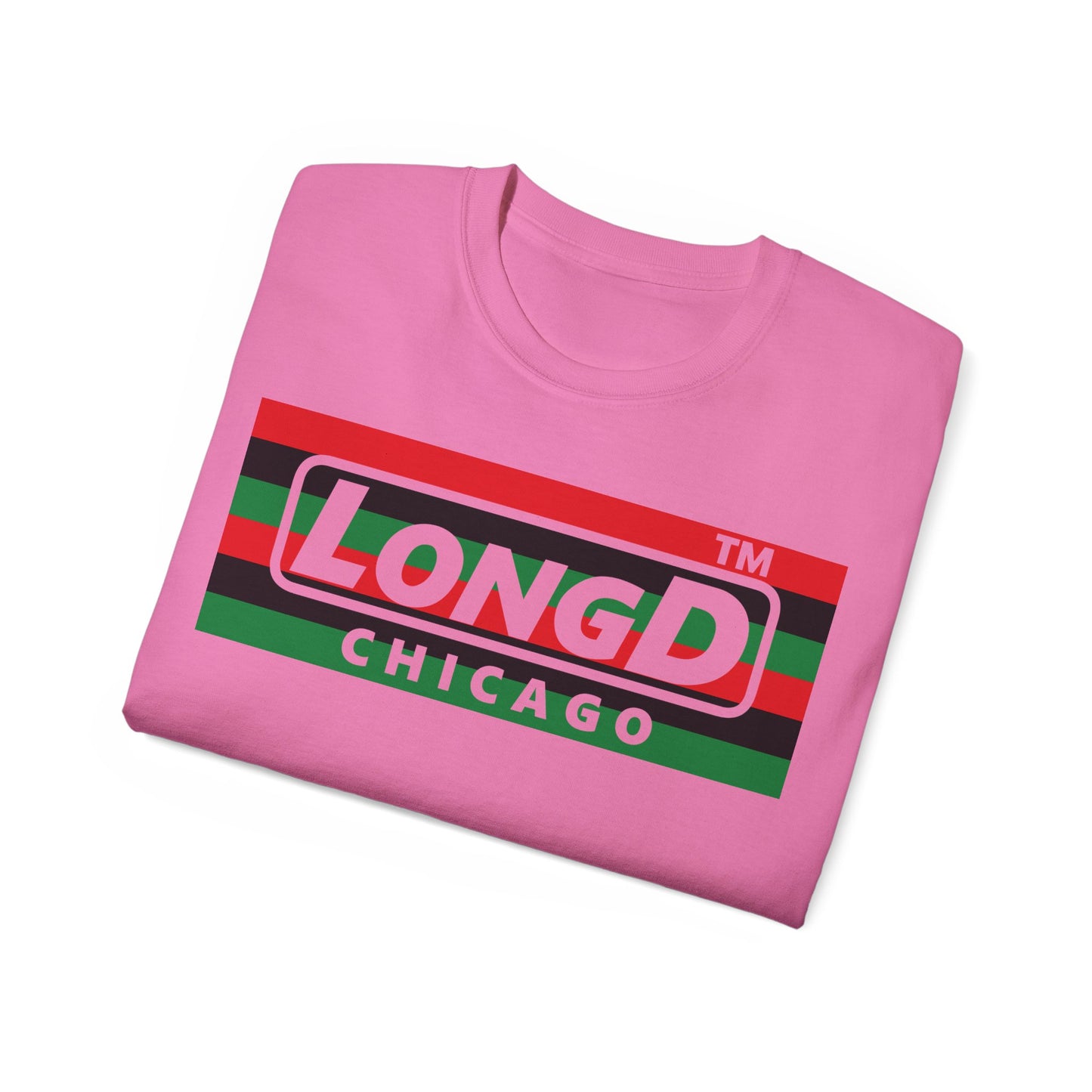 LongD negative horizontal 6-striped Chicago logo cotton tee (Juneteenth colors)