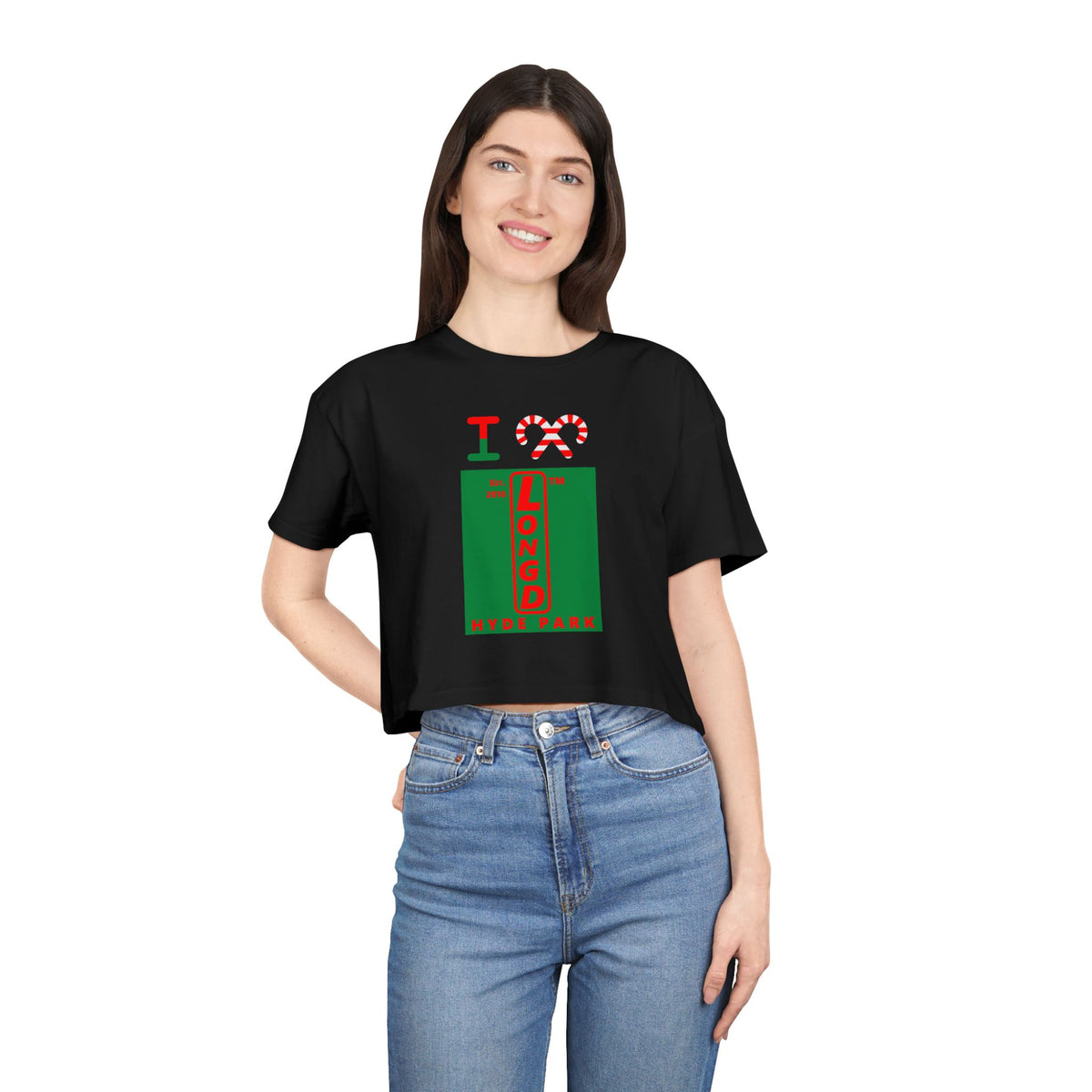 I candy cane LongD Hyde Park upright front-back logo positive red on negative green crop tee