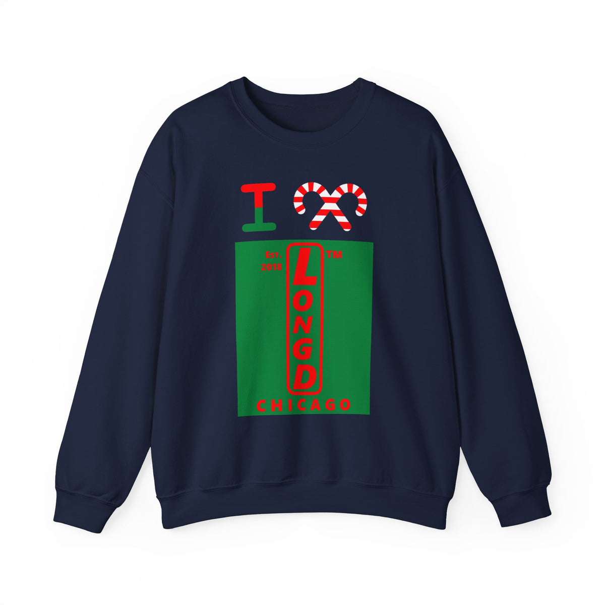 I candy cane LongD Chicago upright front-back logo positive red on negative green crewneck sweatshirt