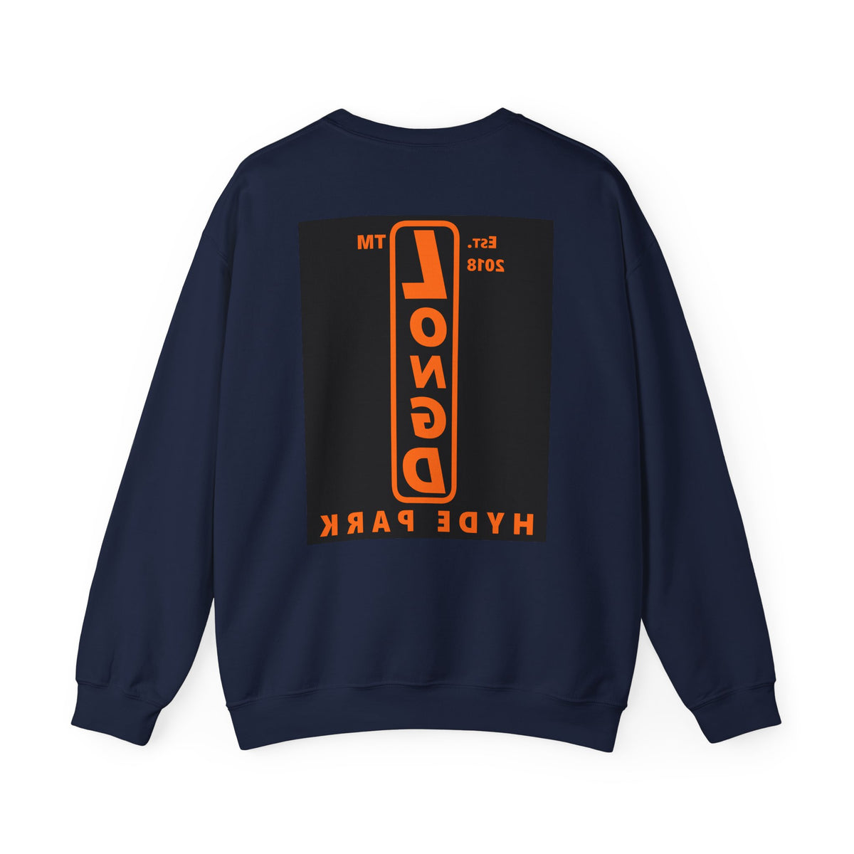LongD Hyde Park upright front-back logo orange (FE7518) on Black (000000) crewneck sweatshirt