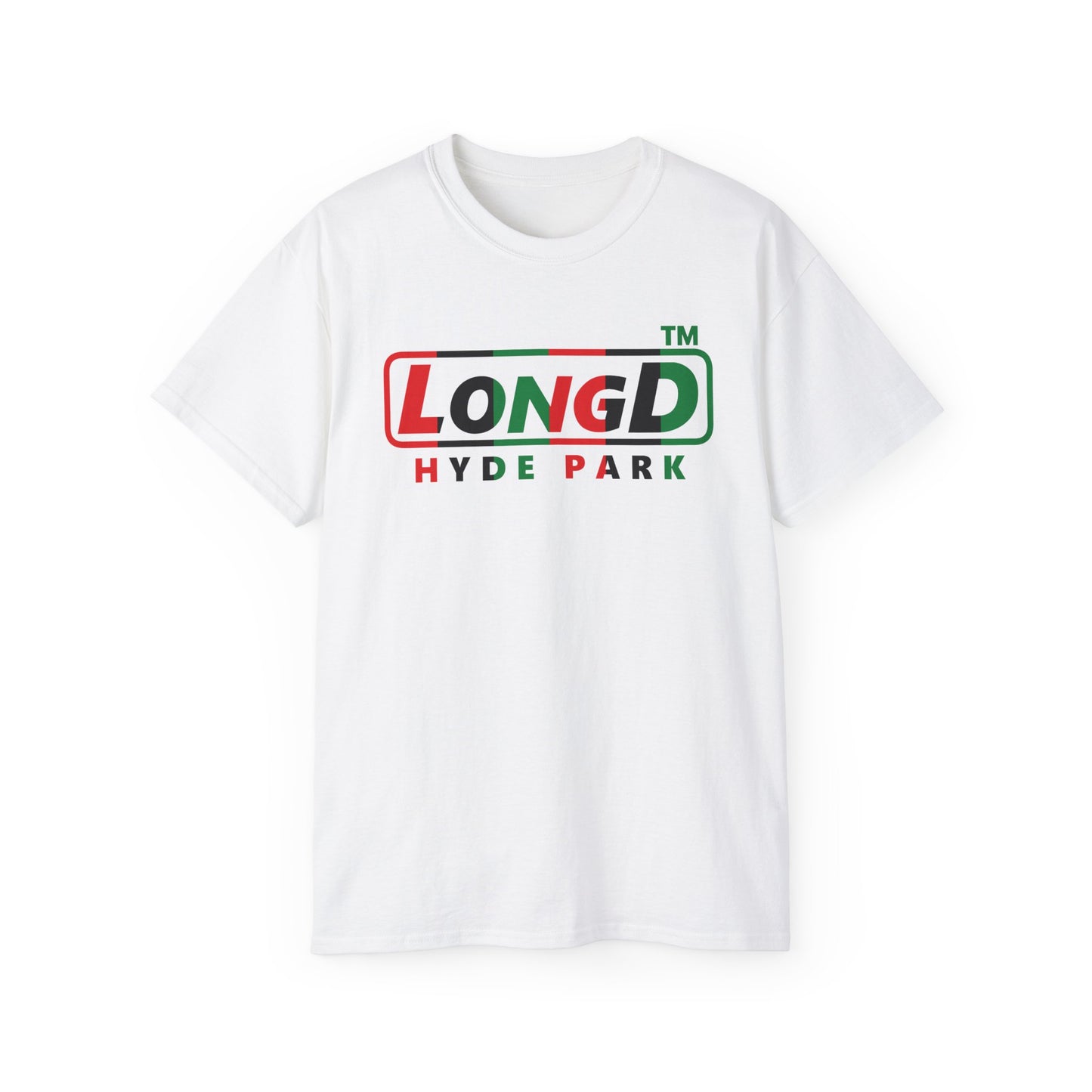 LongD positive vertical 6-striped Hyde Park logo cotton tee (Juneteenth colors)