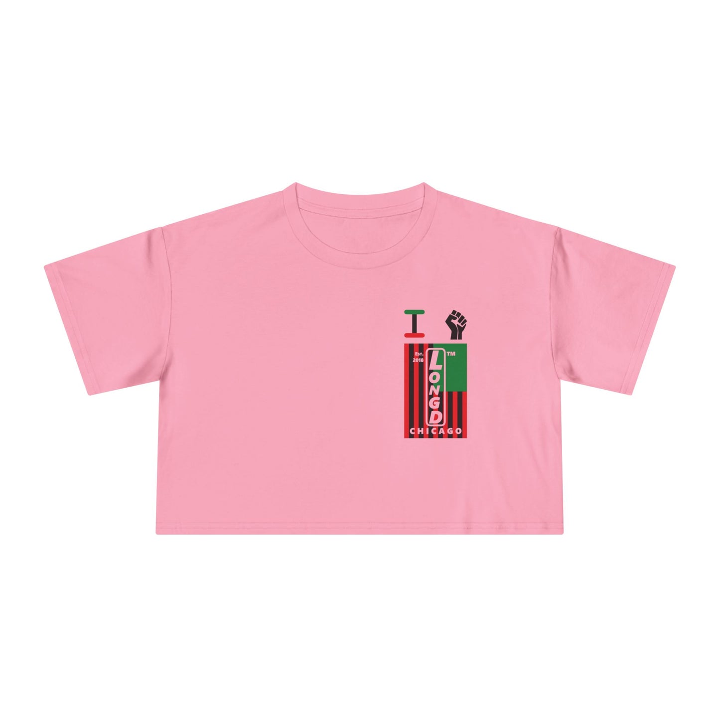 I fist LongD negative flag upright single-breasted Chicago logo crop tee (Juneteenth colors)