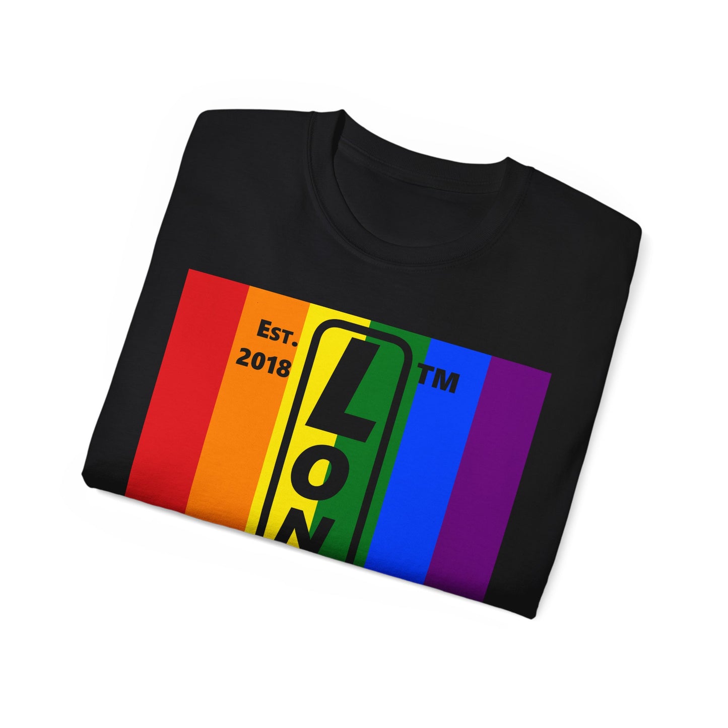 LongD Cotton Tee negative vertical striped Hyde Park upright logo (Pride colors)