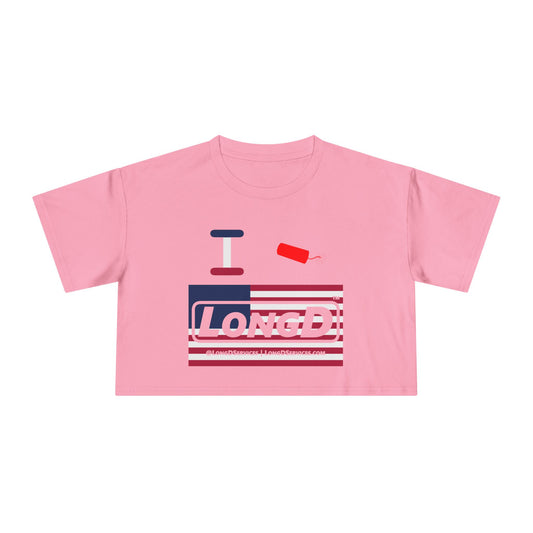 I Firecracker LongD Logo Women's Crop Tee Red, White & Blue negative flag