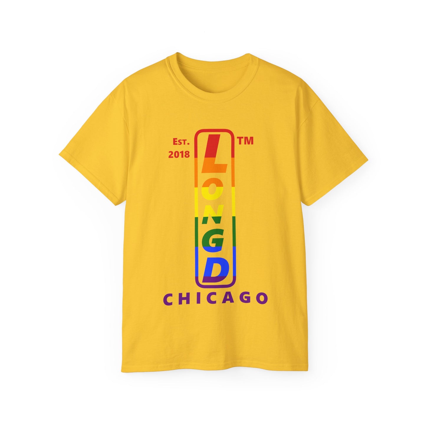 LongD Cotton Tee positive horizontal striped Chicago upright logo (Pride colors)